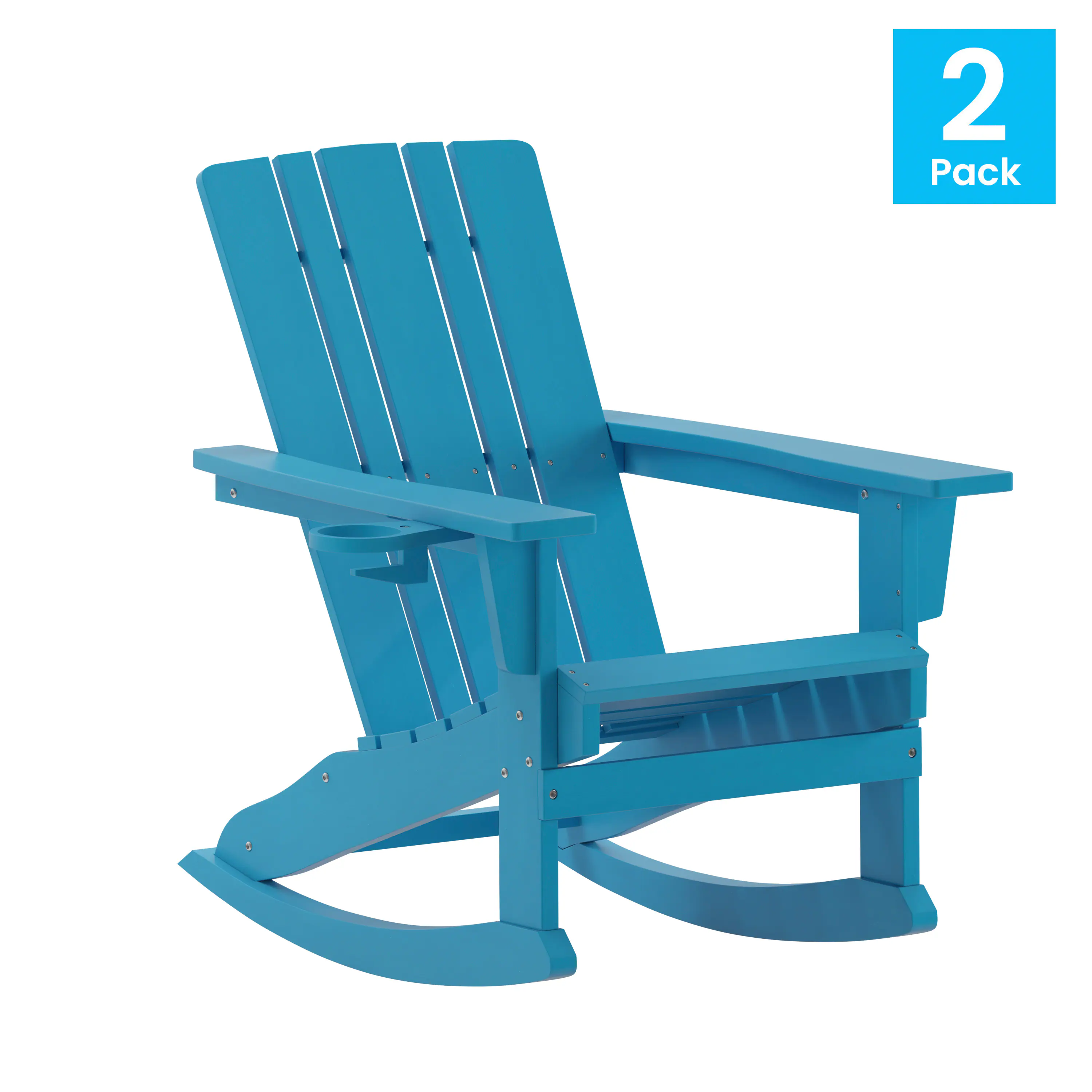 Blue Adirondack rocking chair shown from three-quarter view.