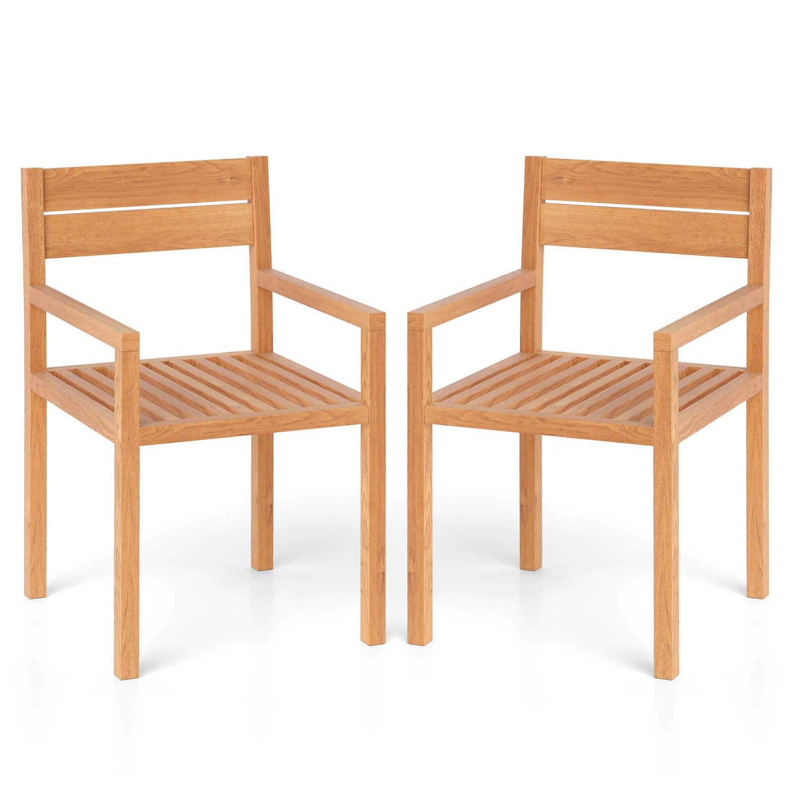 Costway - 2 PCS Outdoor Teak Wood Chair Patio Dining Armchair with Slatted Seat & Backrest - Natural