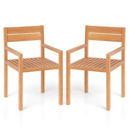 Costway - 2 PCS Outdoor Teak Wood Chair Patio Dining Armchair with Slatted Seat & Backrest - Natural