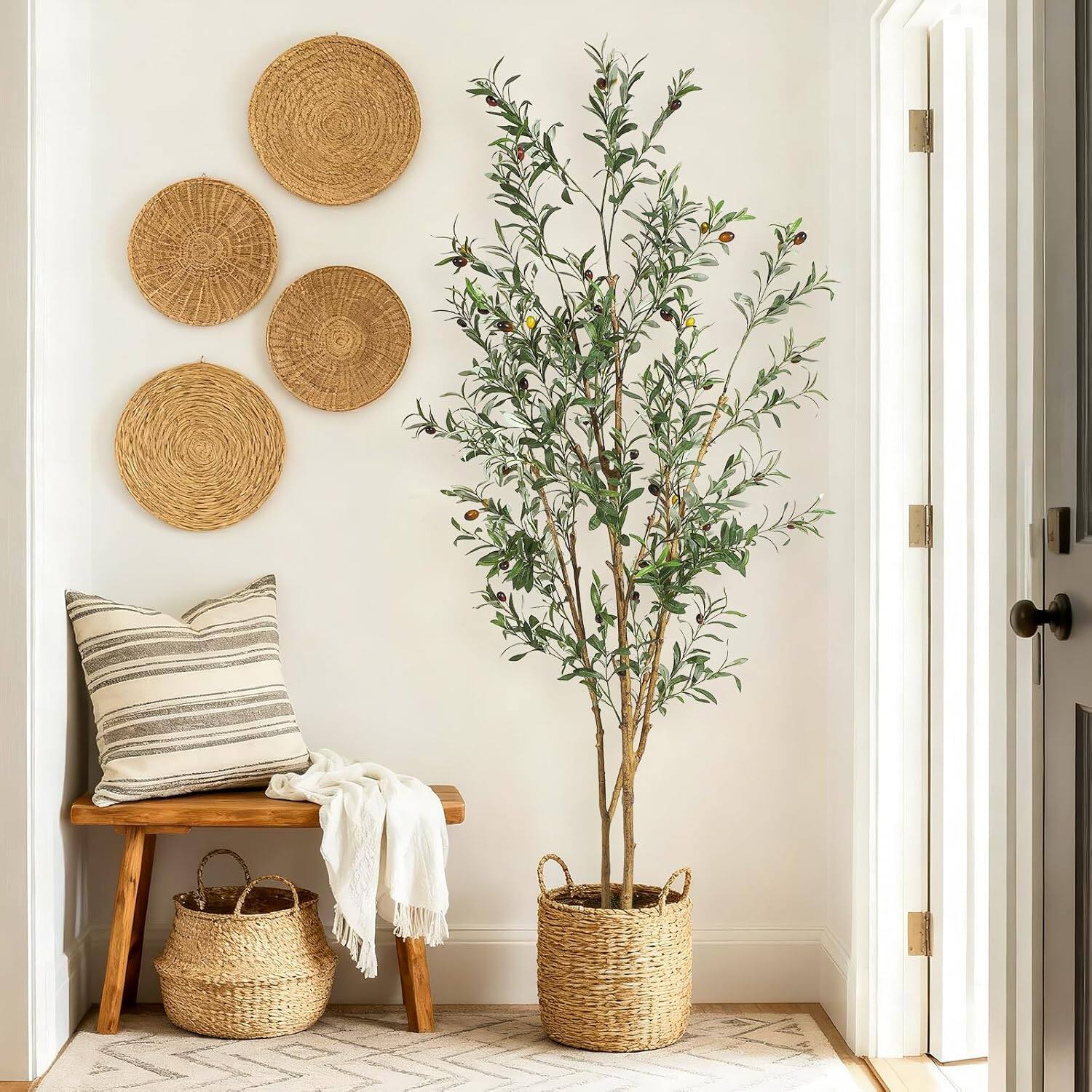 Left. Homhougo - Olive Artificial Tree 6FT Tall Faux Olive Tree with Black Planter, Real Touch Artificial Plant for Office - Green.
