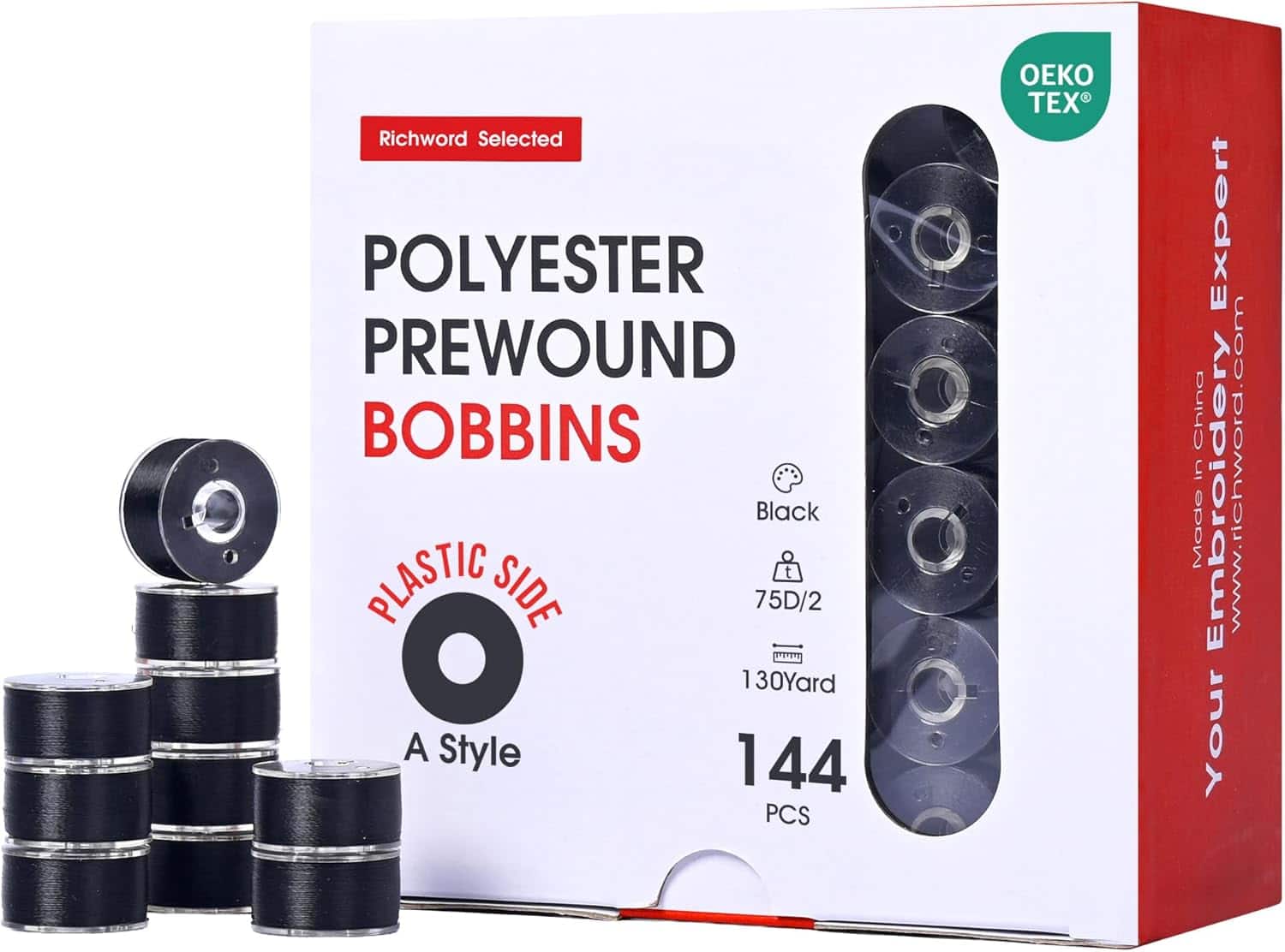 Richword embroidery  machine 144 bobbins prewound plastic size A 75D/2 black for Brother Janome Poolin