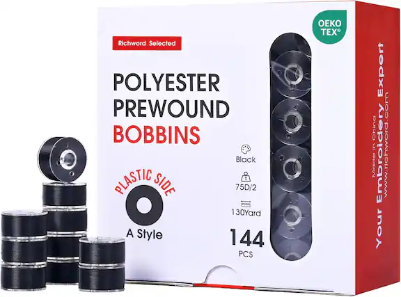 Richword Selected POLYESTER PREWOUND BOBBINS
Black PLASTIC SIDE
75D/2
130Yard
A Style
144 PCS
TEX Expert
China Made
Embroidery
www.richword.com