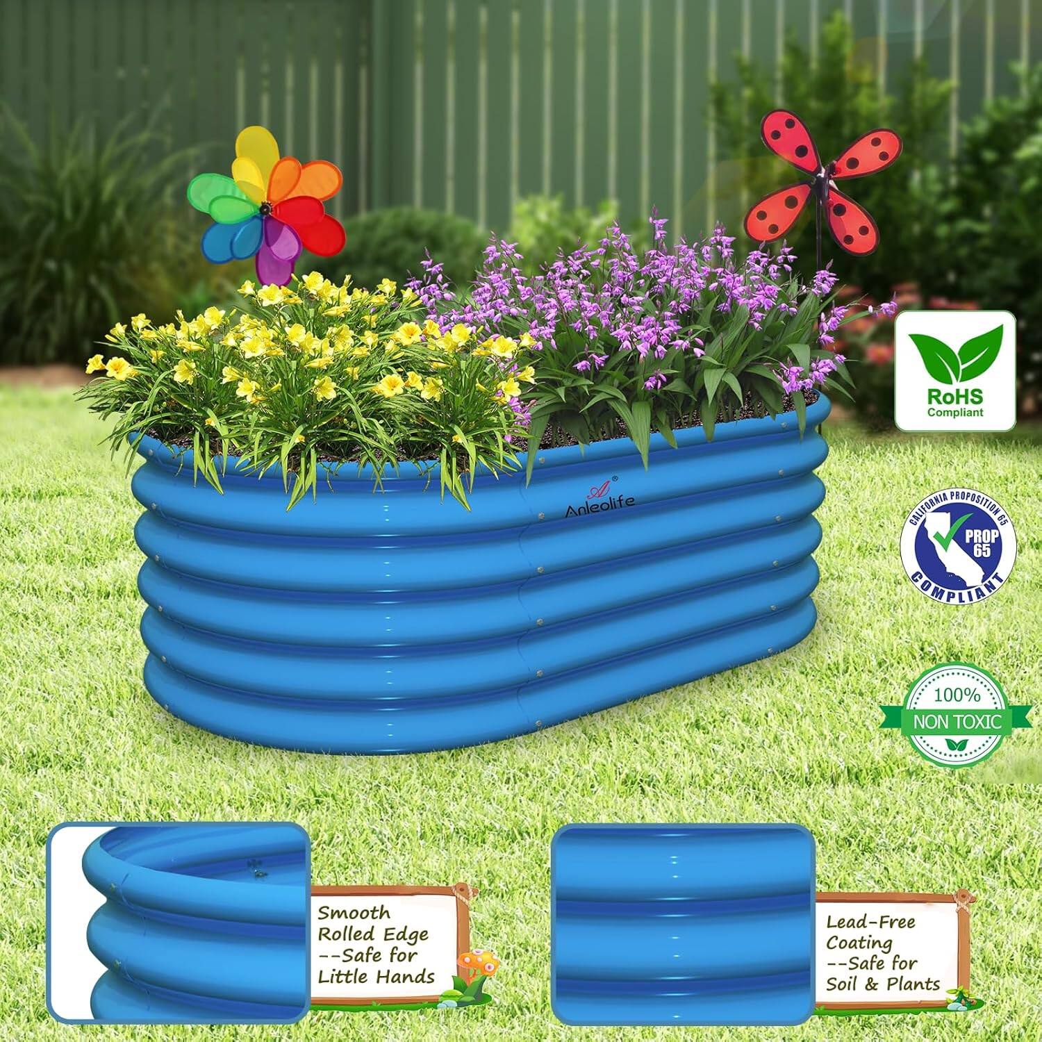 - RoHS Compliant
- Prop 65 Compliant
- 100% Non Toxic
- Smooth Rolled Edge -- Safe for Little Hands
- Lead-Free Coating -- Safe for Soil & Plants