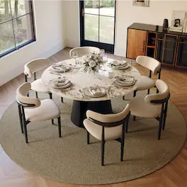 POVISON - 59" Modern Round Dining Table for 6, Glossy Pandora Sintered Stone Round Dining Table, Solid Black Carbon Steel Base - Pandora & Black Steel Base
