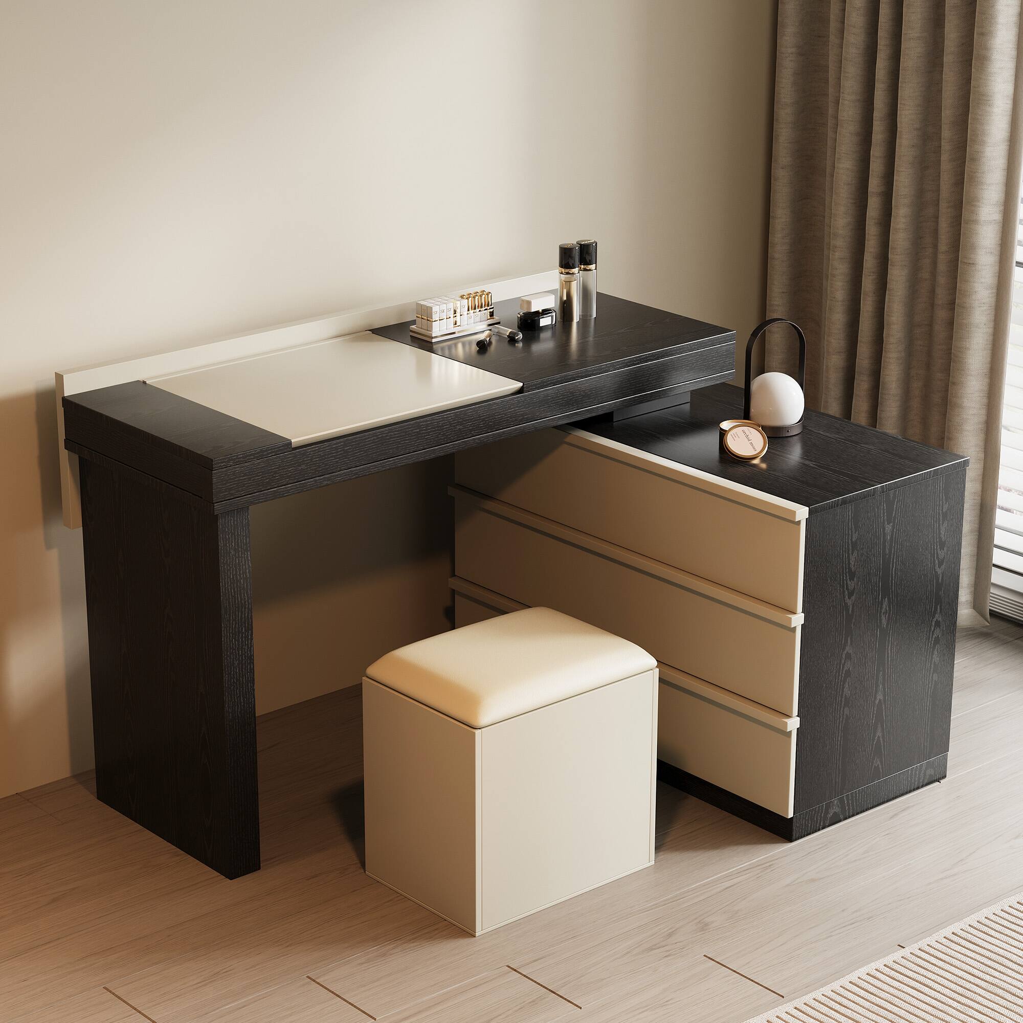 Angle. luck idea - 47.12" Extendable Dressing Table with Vanity Stool, Mirror and Three Storage Drawers - Black.