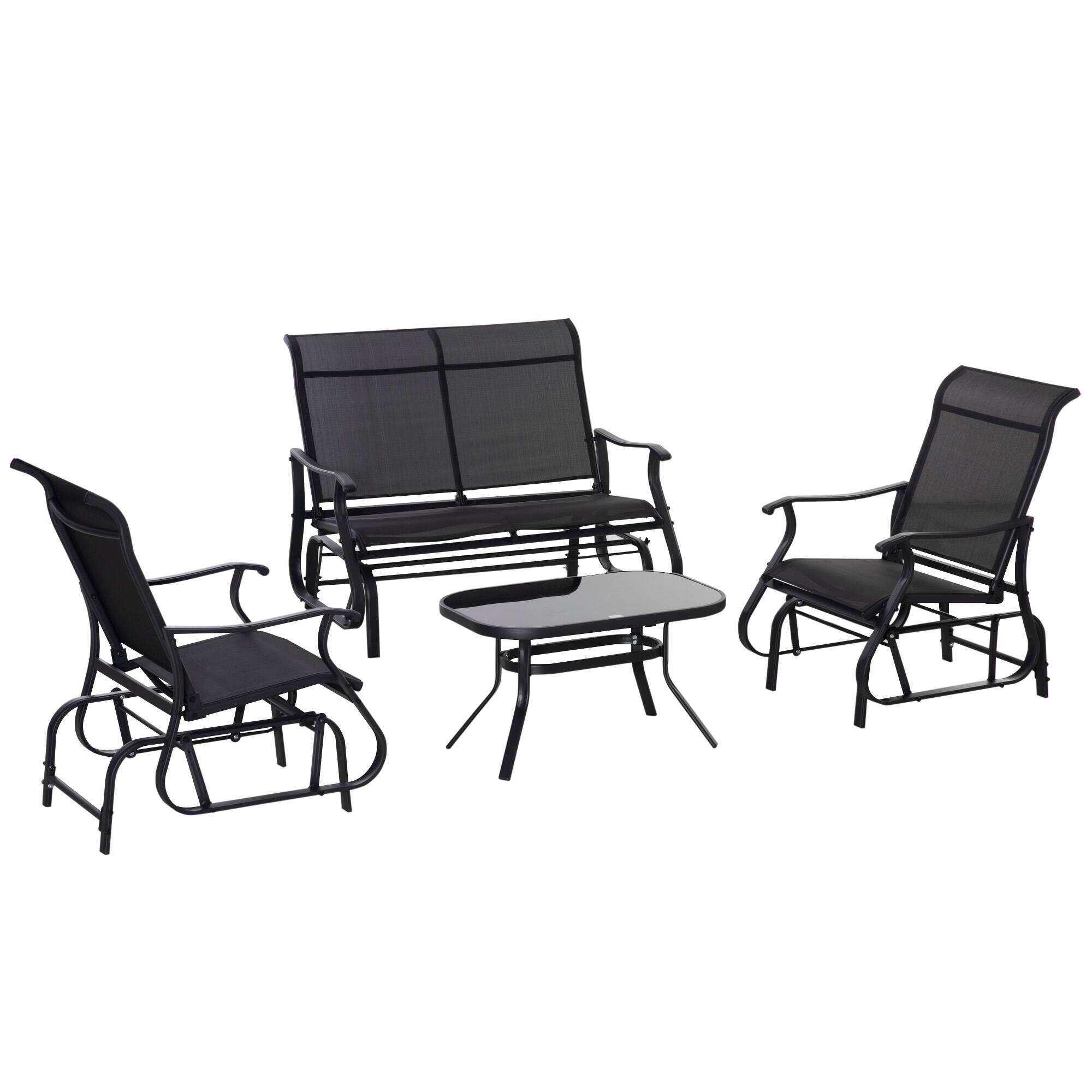 Front. Outsunny - 4 Pieces Gliders Set, Outdoor Furniture Sets with 2-Person Glider Patio Bench, Single Sling Chair - Black.