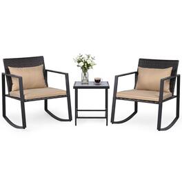 Costway - 3-Piece Outdoor Rattan Rocking Chair Set with Cushions and Tempered Glass Table, Metal Frame - Mix Brwon, Beige, Black