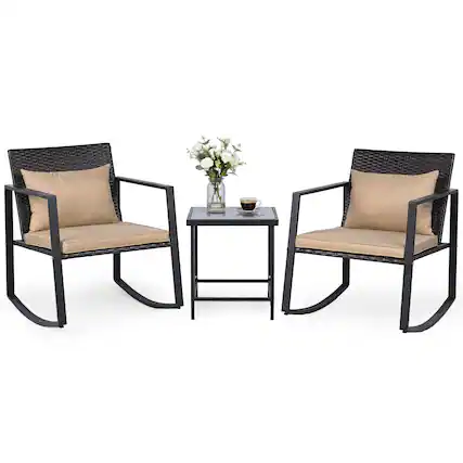 Front. Gymax - Gymax 3-Piece Outdoor Rocking Bistro Set Patio Rocking Chairs & Coffee Table Set - Black.