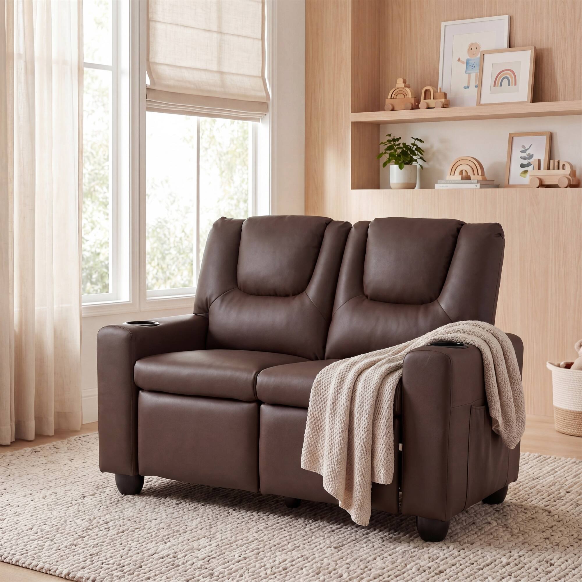 Alt View 1. Costway - Costway 2-Seater Kids Recliner with Cup Holders Side Storage Pockets Adjustable Backrest - Brown.