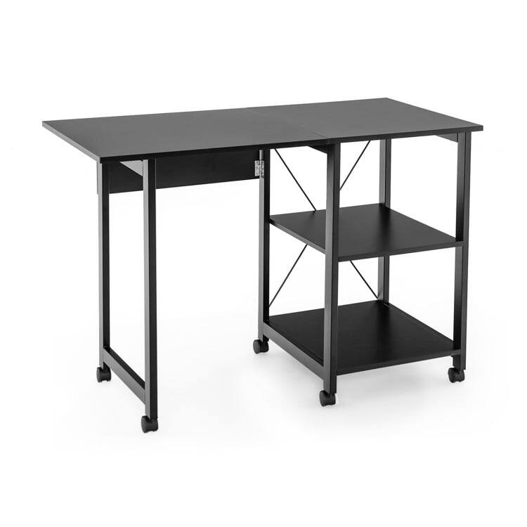 Front. Kadyn - Folding Writing Office Desk with Storage Shelves-Black, Home Office Desks, Gaming Computer Desks for Study,Working - Black.