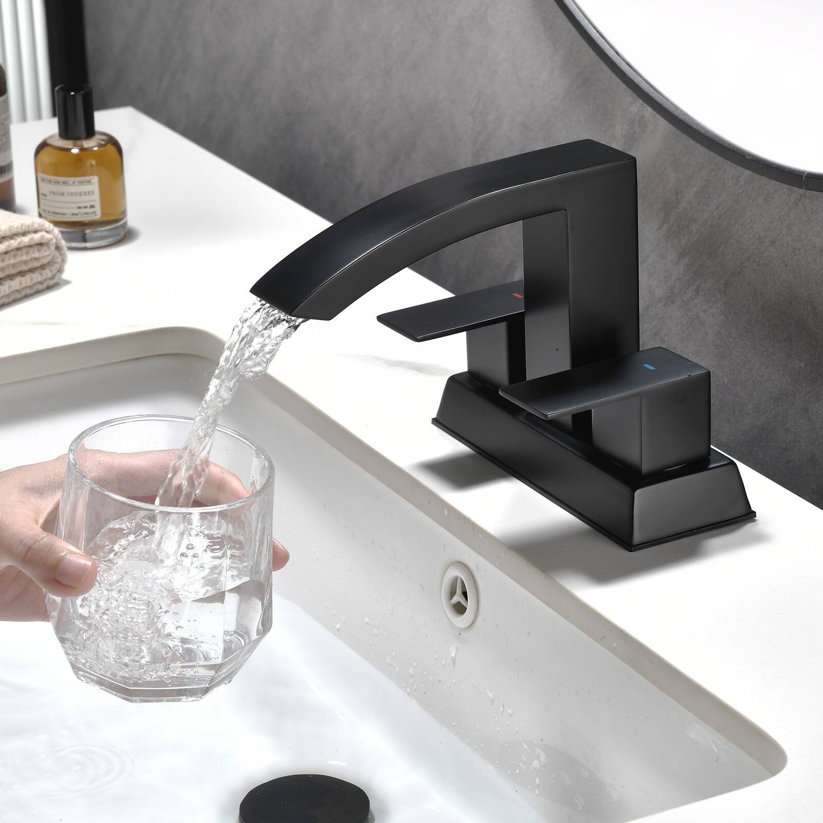 Alt View 3. Boyel Living - Black 4 Inch Centerset Faucet SUS304 Waterfall Spout 1.2GPM Dual Handle Pop Up Drain - Matte Black.