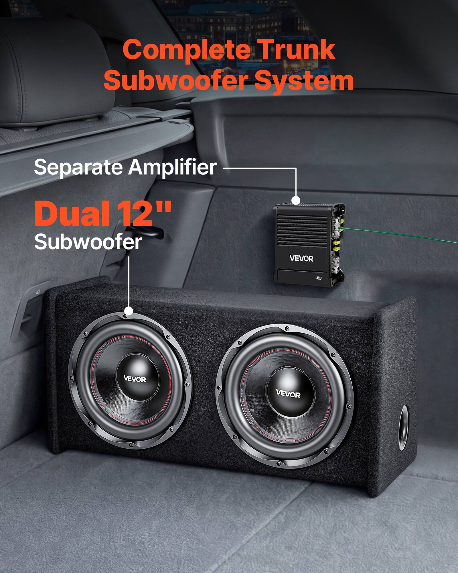 Complete Trunk Subwoofer System  
Separate Amplifier Dual 12" Subwoofer  
VEVOR  
X5  
VEVOR