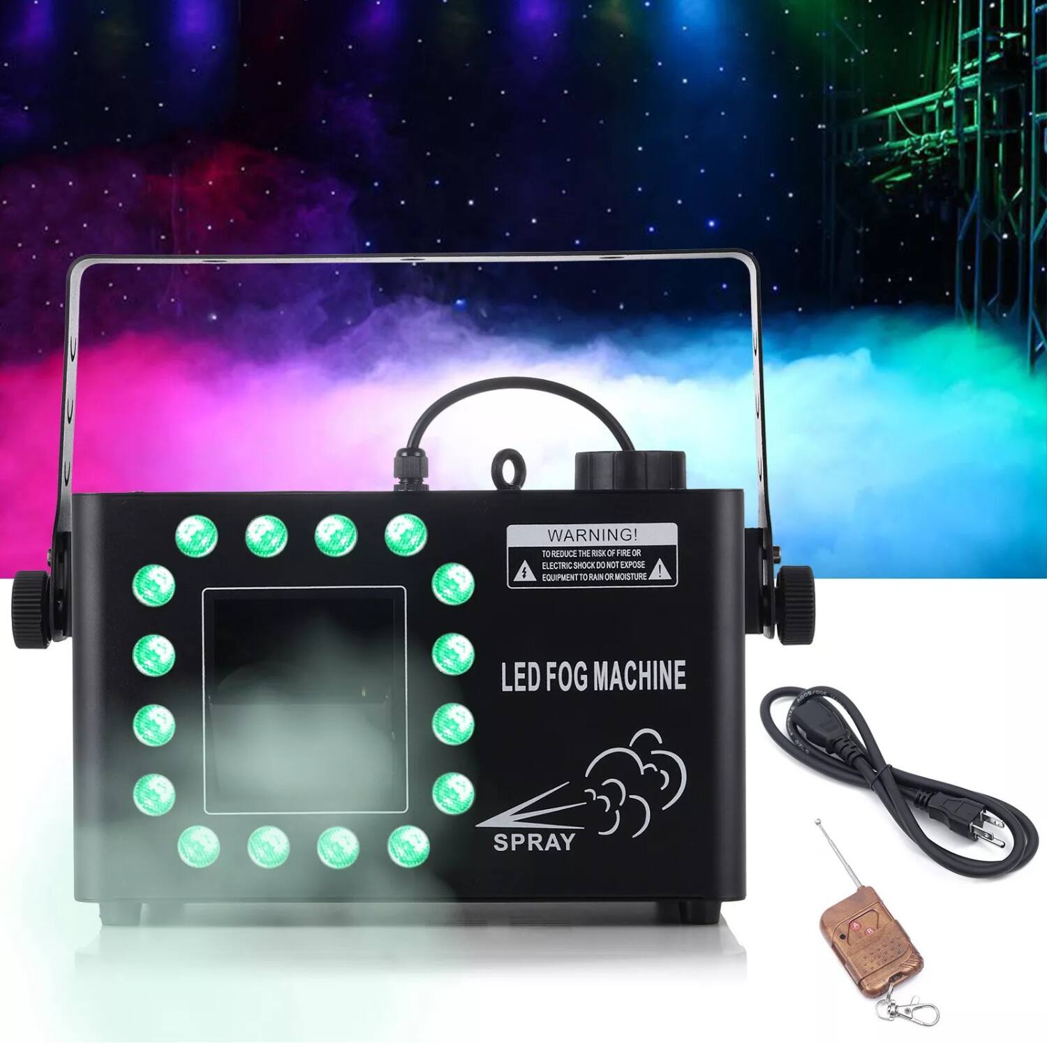 WARNING!  
TO REDUCE THE RISK OF FIRE OR ELECTRIC SHOCK DO NOT EXPOSE EQUIPMENT TO RAIN OR MOISTURE.

LED FOG MACHINE  
SPRAY