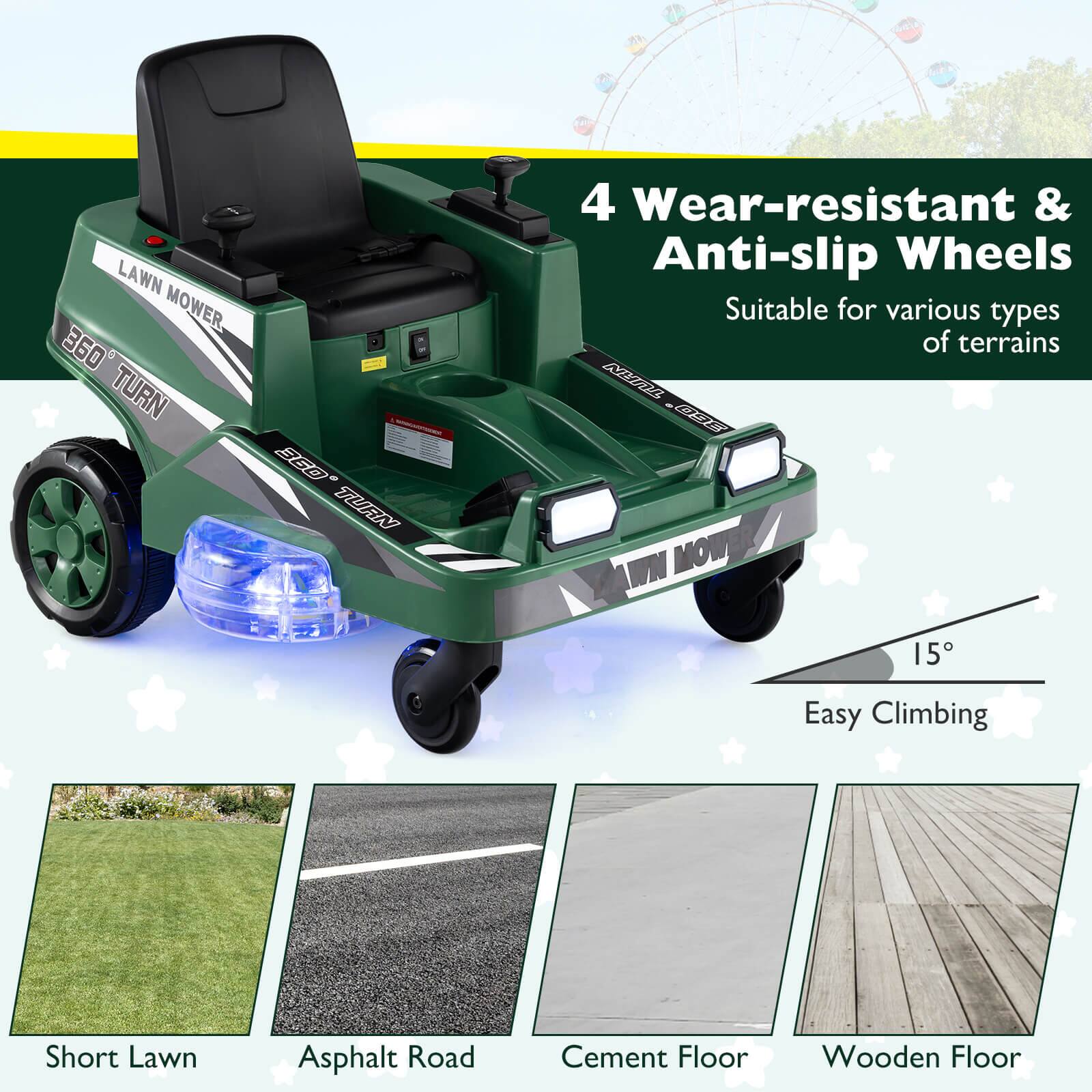 LAWN MOWER  
360° TURN  

4 Wear-resistant & Anti-slip Wheels  
Suitable for various types of terrains  

Easy Climbing  
15°  

Short Lawn  
Asphalt Road  
Cement Floor  
Wooden Floor