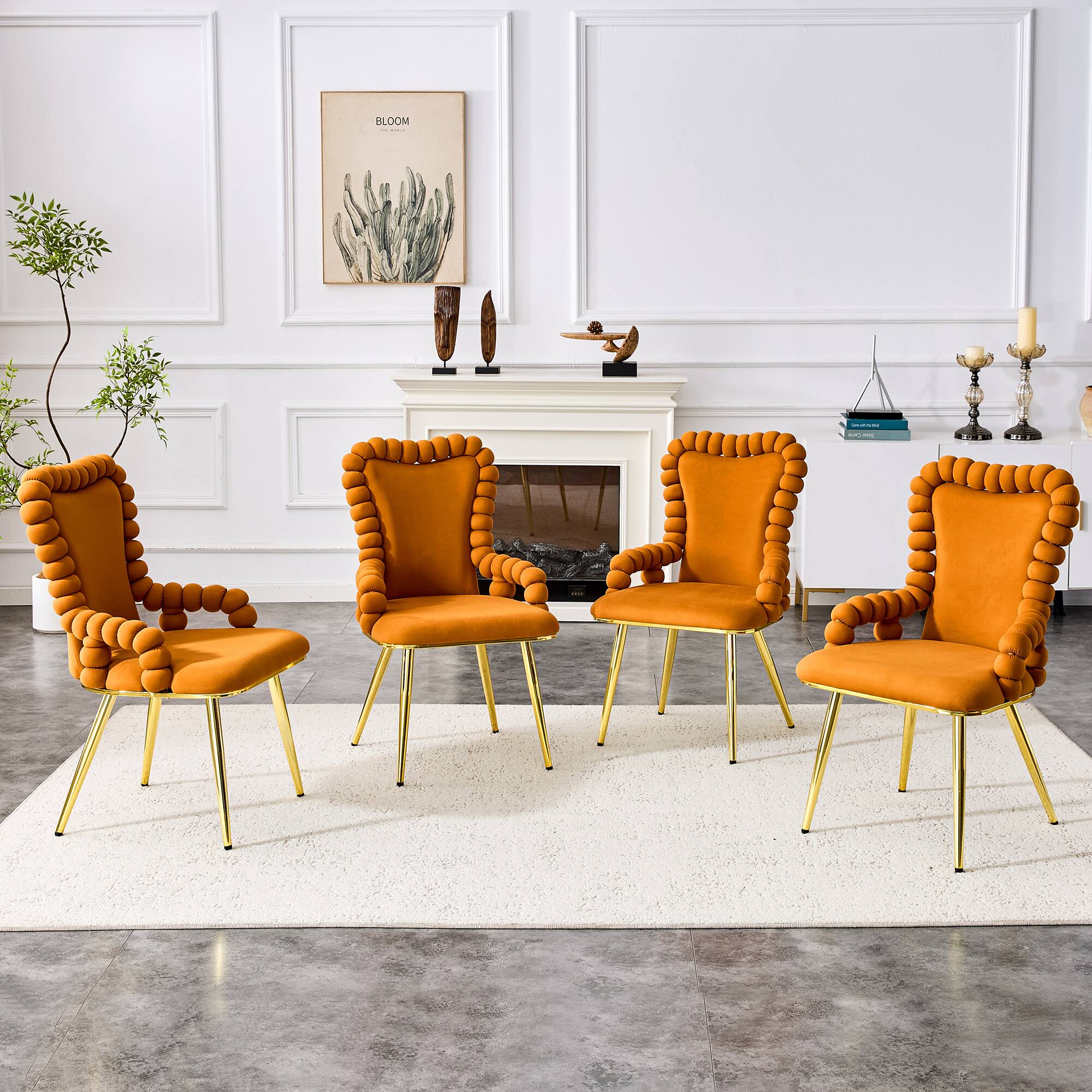 Alt View 1. Loheer - Loheer Velvet Dining Chairs Set of 2 Orange Bubble Back Accent Chairs for Dining Room Kitchen, Gold Legs, 1.8 ft - Gold,Orange.