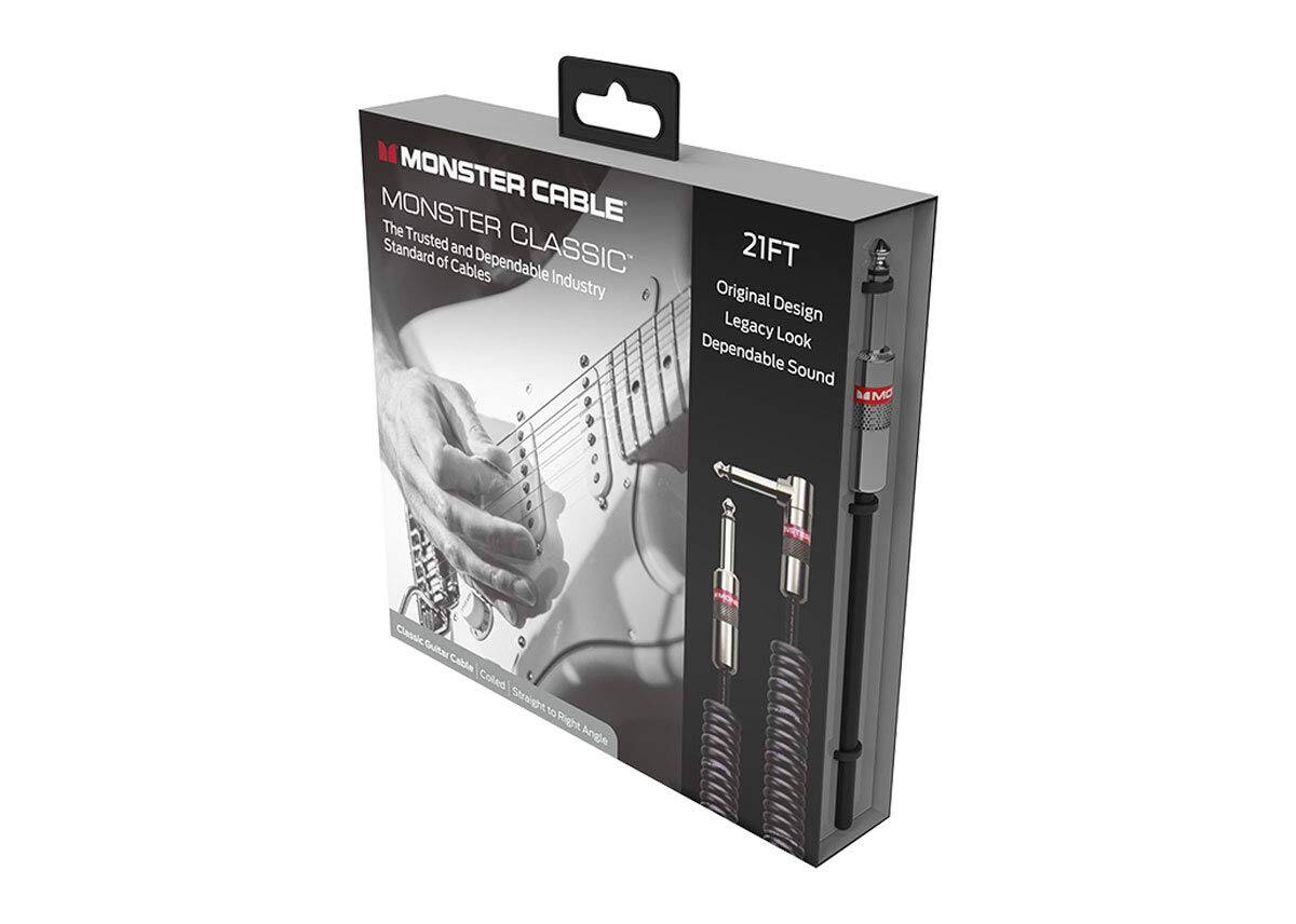 MONSTER CABLE  
MONSTER CLASSIC  
The Standard Trusted and Dependable Industry Original Legacy Design Look Dependable Sound  

21FT  
Original Design  
Legacy Look  
Dependable Sound  

Classic Guitar Cable  
Coiled  
Straight to Right Angle