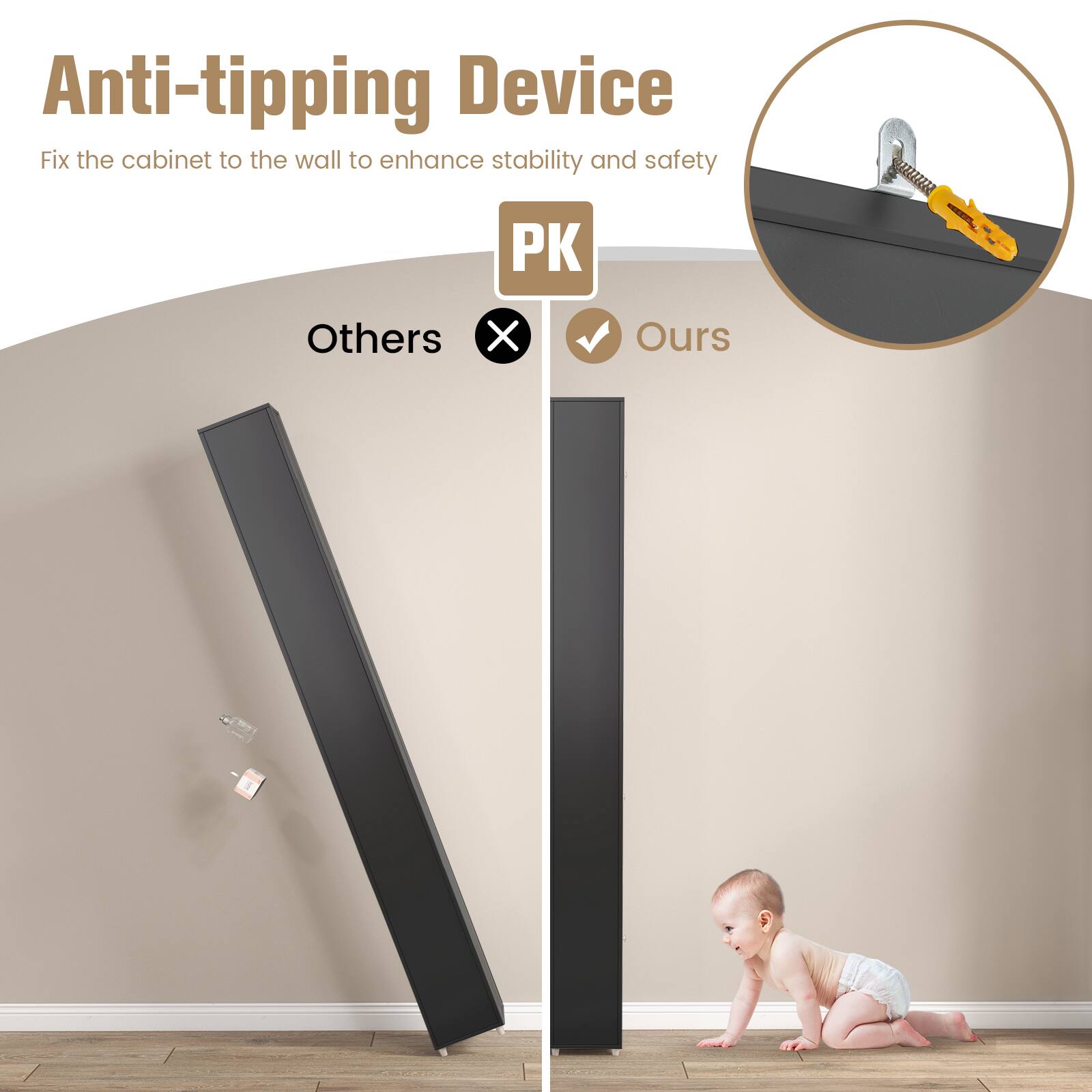 Anti-tipping Device Fix the cabinet to the wall to enhance stability and safety P  Others X Ours