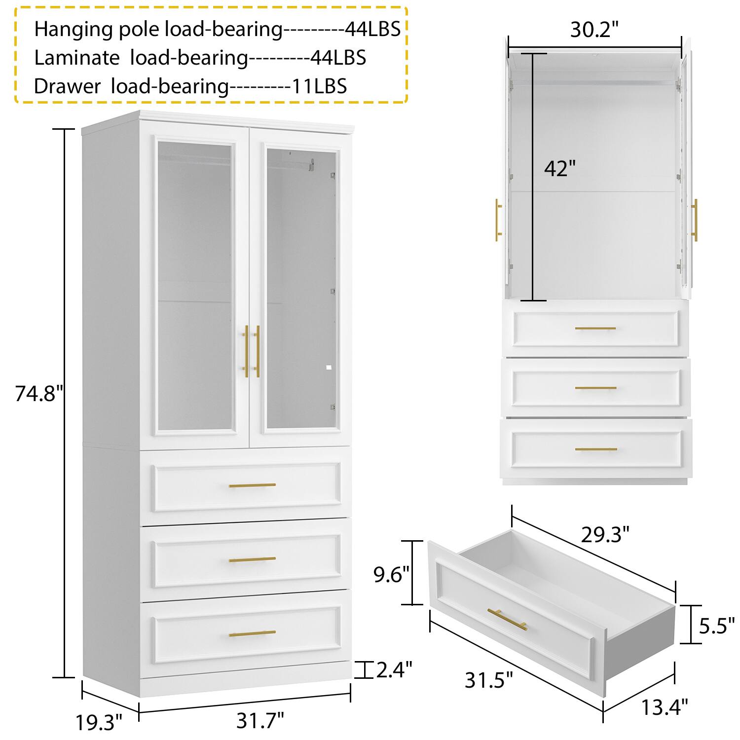 Hanging pole load-bearing 44LBS, Laminate load-bearing 44LBS, Drawer load-bearing 11LBS, 30.2", 42", 74.8", 29.3", 9.6", 5.5", 19.3", 31.7", 2.4", 31.5", 13.4"
