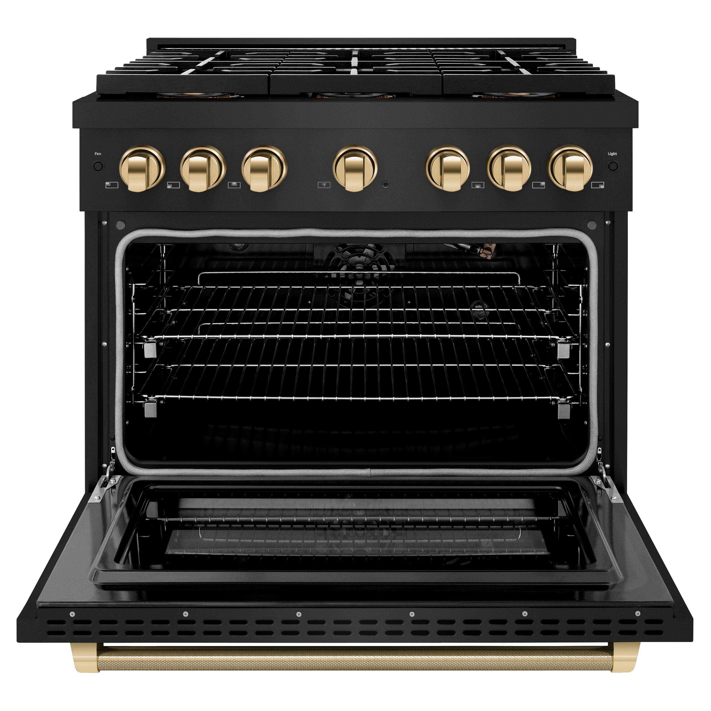 Angle. ZLINE - Autograph 36 in. 5.2 Cu. Ft. Freestanding Paramount DuoPro Gas Range in Black Steel with Polished Gold Helix Handles - Black Stainless Steel.
