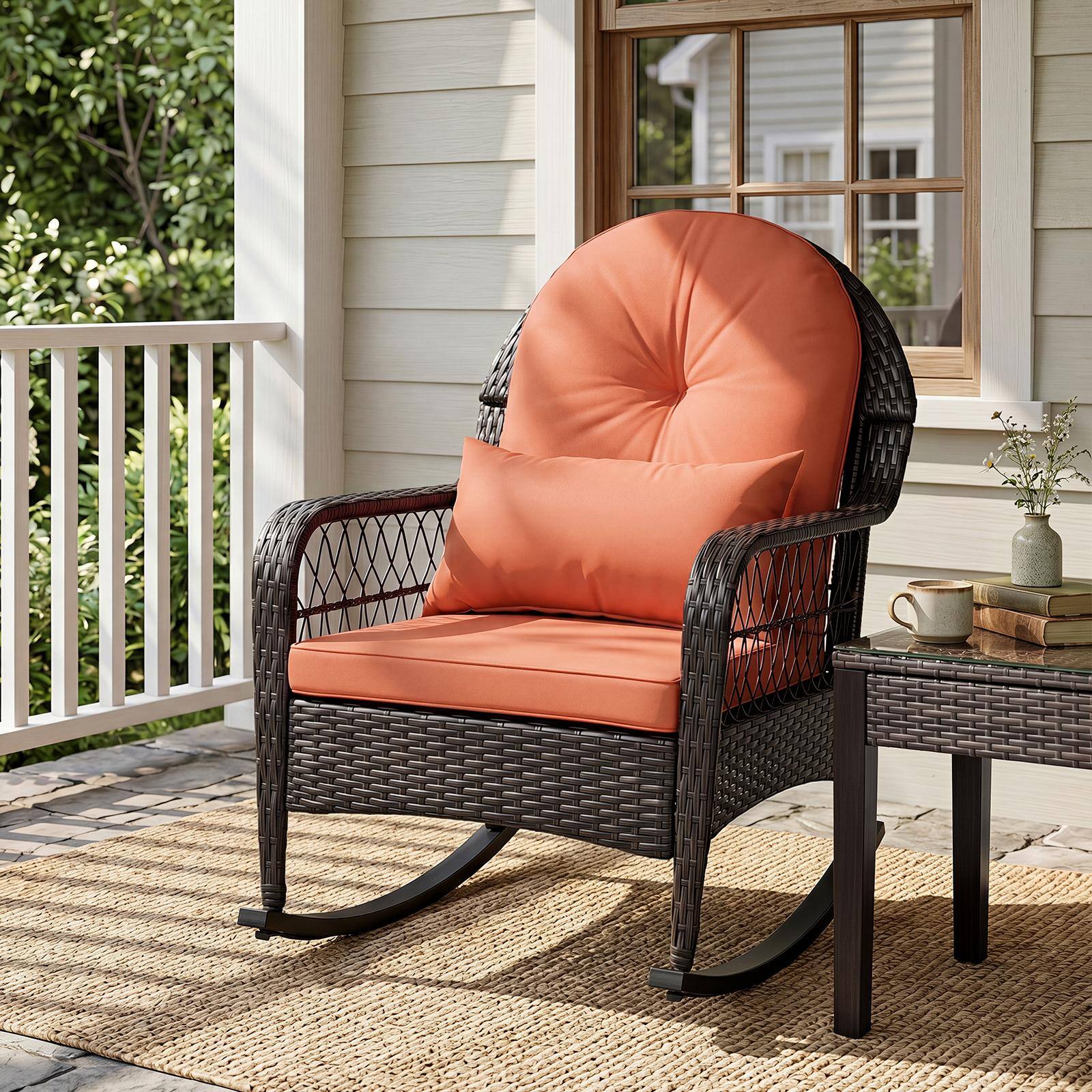 Alt View 3. Costway - Costway 2PCS Patio Wicker Rocking Chair W/Seat Back Cushions & Lumbar Pillow Balcony - Mix Brown + Orange.