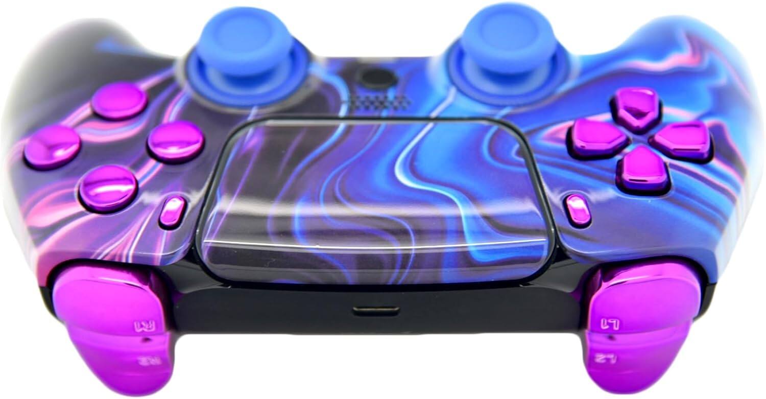 Back. Custom Controllerzz - Custom Wireless Controller for PS5 - Blue & Purple Swirl W/Purple Chrome Inserts.