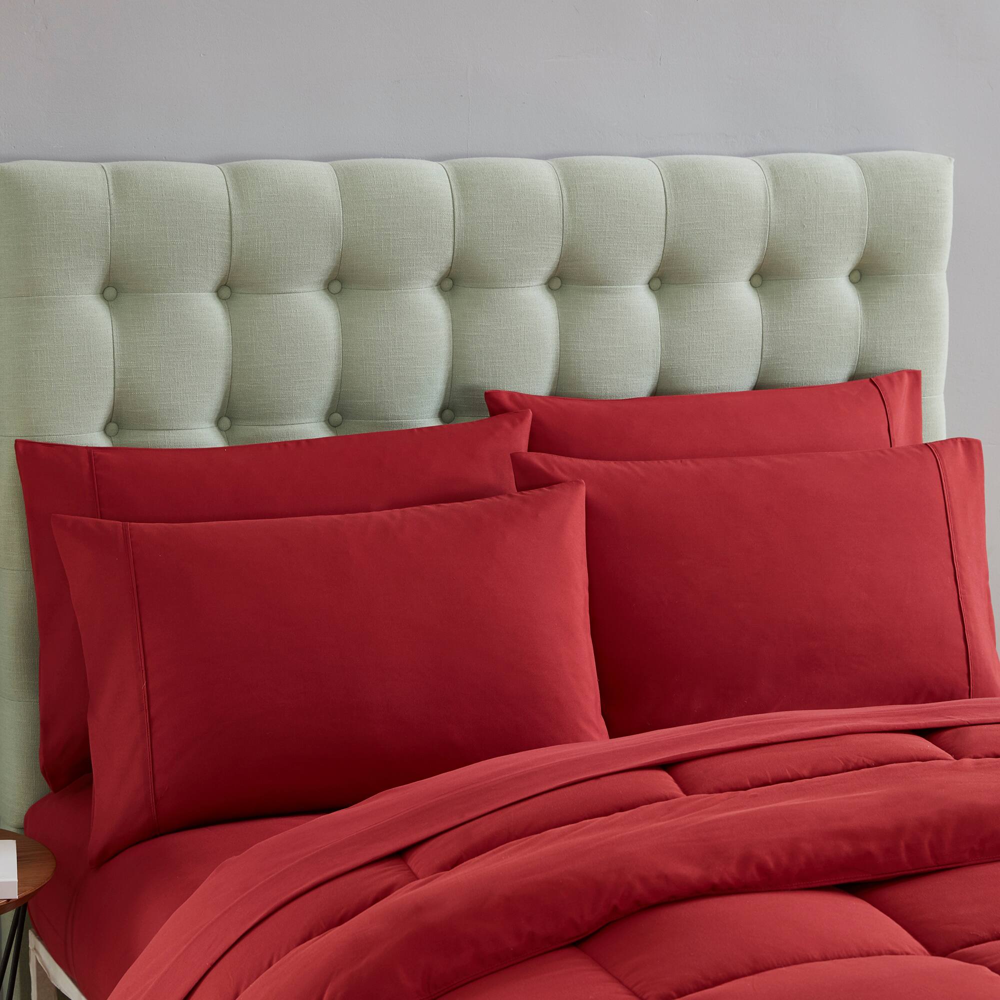 Angle. Sweet Home Collection - All Season Reversible Bed-in-A-Bag Solid Color Comforter & Sheet Set, King - Red.