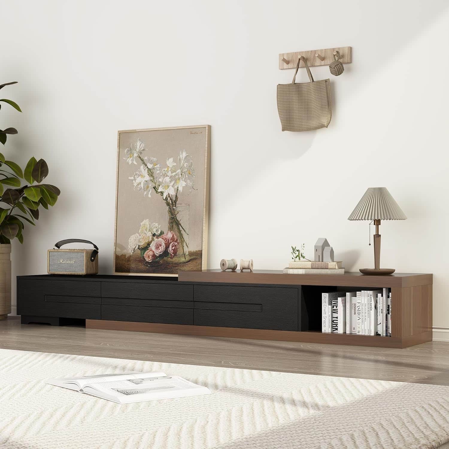 Espafurni - 82 - 110" Extendable TV Stand - 3 Drawers, for 120" TVs, Wood Reversible Entertainment Center Living & Bedroom - Black& Walnut