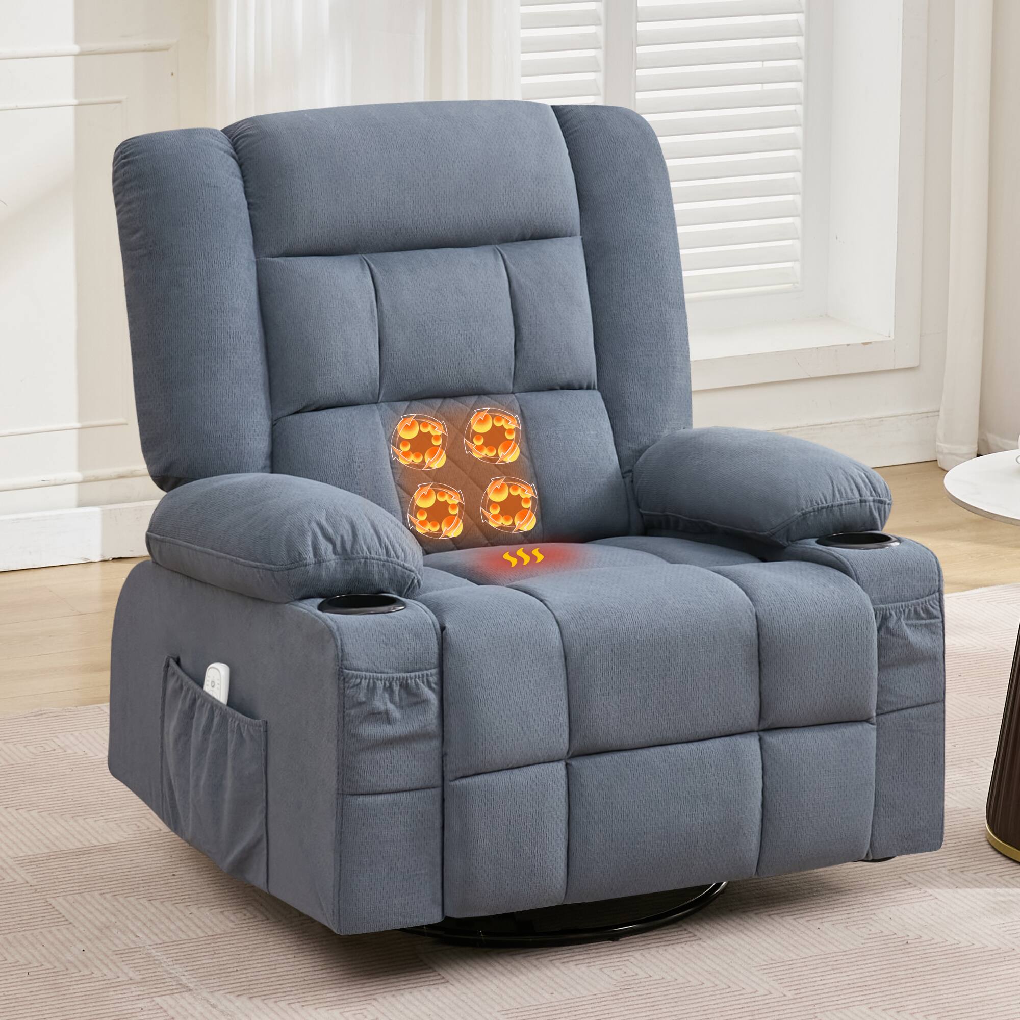 Back. TinyHomie - Recliner Chair with 4-Point 3D Kneading Massage and Heat with Rocking Function and 2 Cup Holders USB Charge Port - Blue.