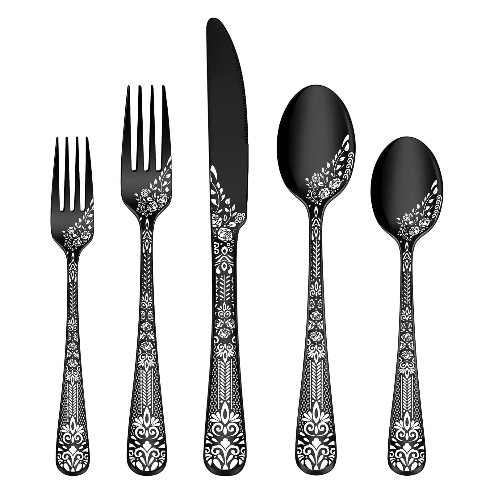 Front. Dazzed Corner - 20 Pieces Silverware Set for 4, Stainless Steel Black Flatware Set with Unique Floral Laser. - Black.