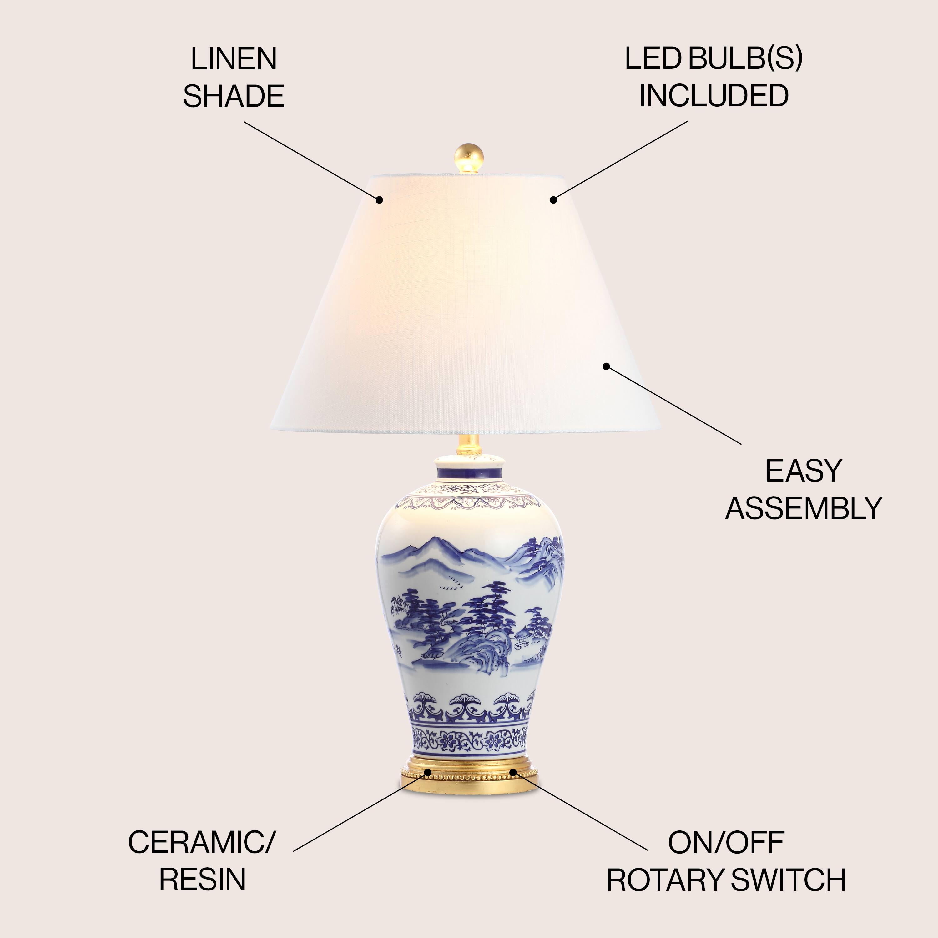 LINEN SHADE  
LED BULB(S) INCLUDED  
EASY ASSEMBLY  
CERAMIC/RESIN  
ON/OFF ROTARY SWITCH