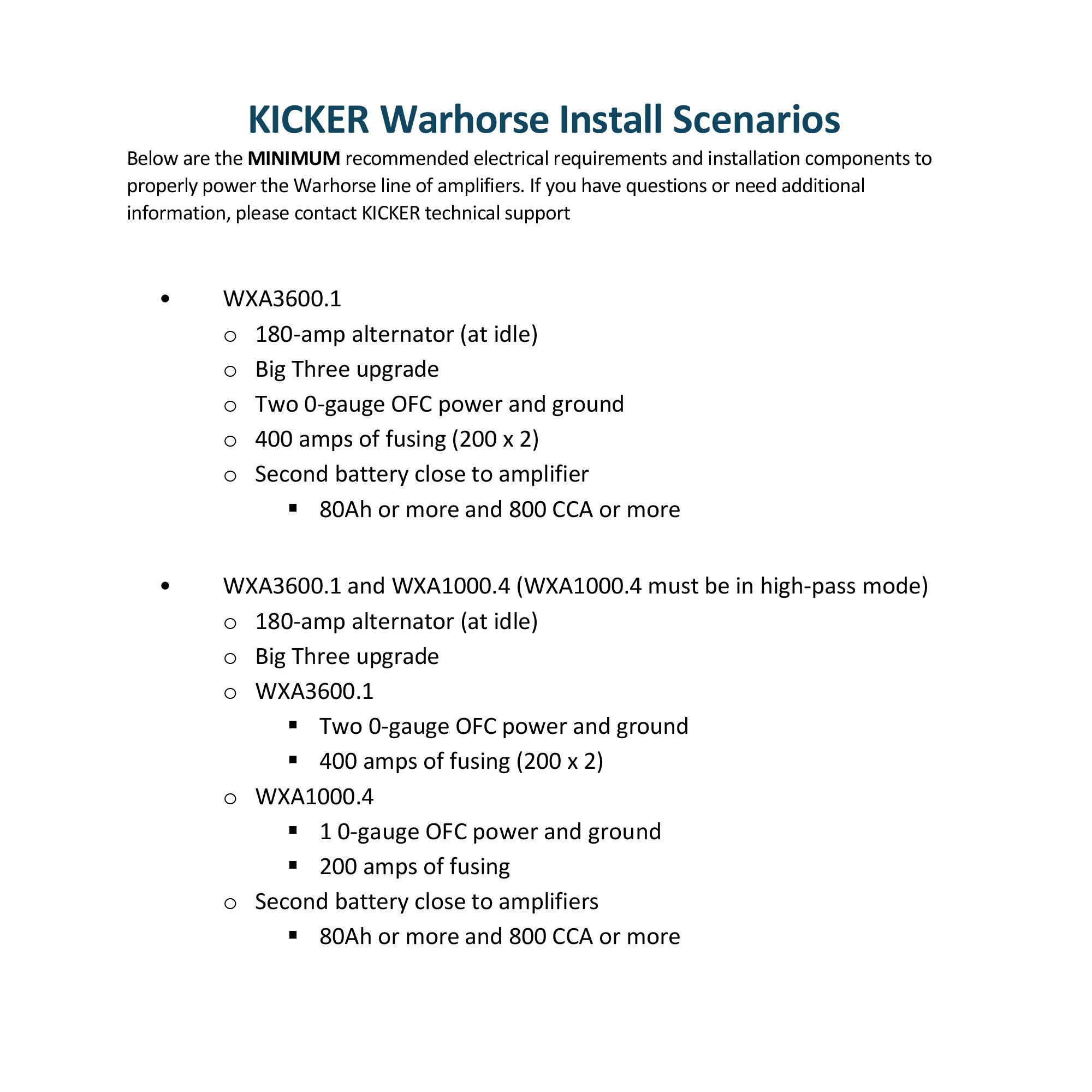 KICKER Warhorse Install Scenarios

Below are the MINIMUM recommended electrical requirements and installation components to properly power the Warhorse line of amplifiers. If you have questions or need additional information, please contact KICKER technical support

WXA3600.1
- 180-amp alternator (at idle)
- Big Three upgrade
- Two 0-gauge OFC power and ground
- 400 amps of fusing (200 x 2)
- Second battery close to amplifier
  - 80Ah or more and 800 CCA or more

WXA3600.1 and WXA1000.4 (WXA1000.4 must be in high-pass mode)
- 180-amp alternator (at idle)
- Big Three upgrade
- WXA3600.1
  - Two 0-gauge OFC power and ground
  - 400 amps of fusing (200 x 2)
- WXA1000.4
  - 1 0-gauge OFC power and ground
  - 200 amps of fusing
