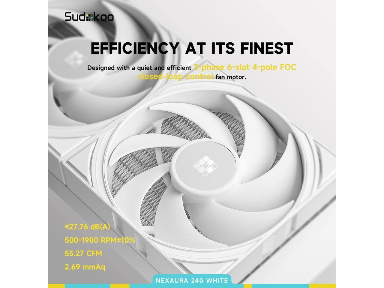 Sudkoo  
EFFICIENCY AT ITS FINEST  
Designed with a quiet and efficient 3-phase 6-slot 4-pole FOC closed-loop control fan motor.  
≤27.76 dB(A)  
500-1900 RPM±10%  
55.27 CFM  
2.69 mmAq  
NEXAURA 240 WHITE