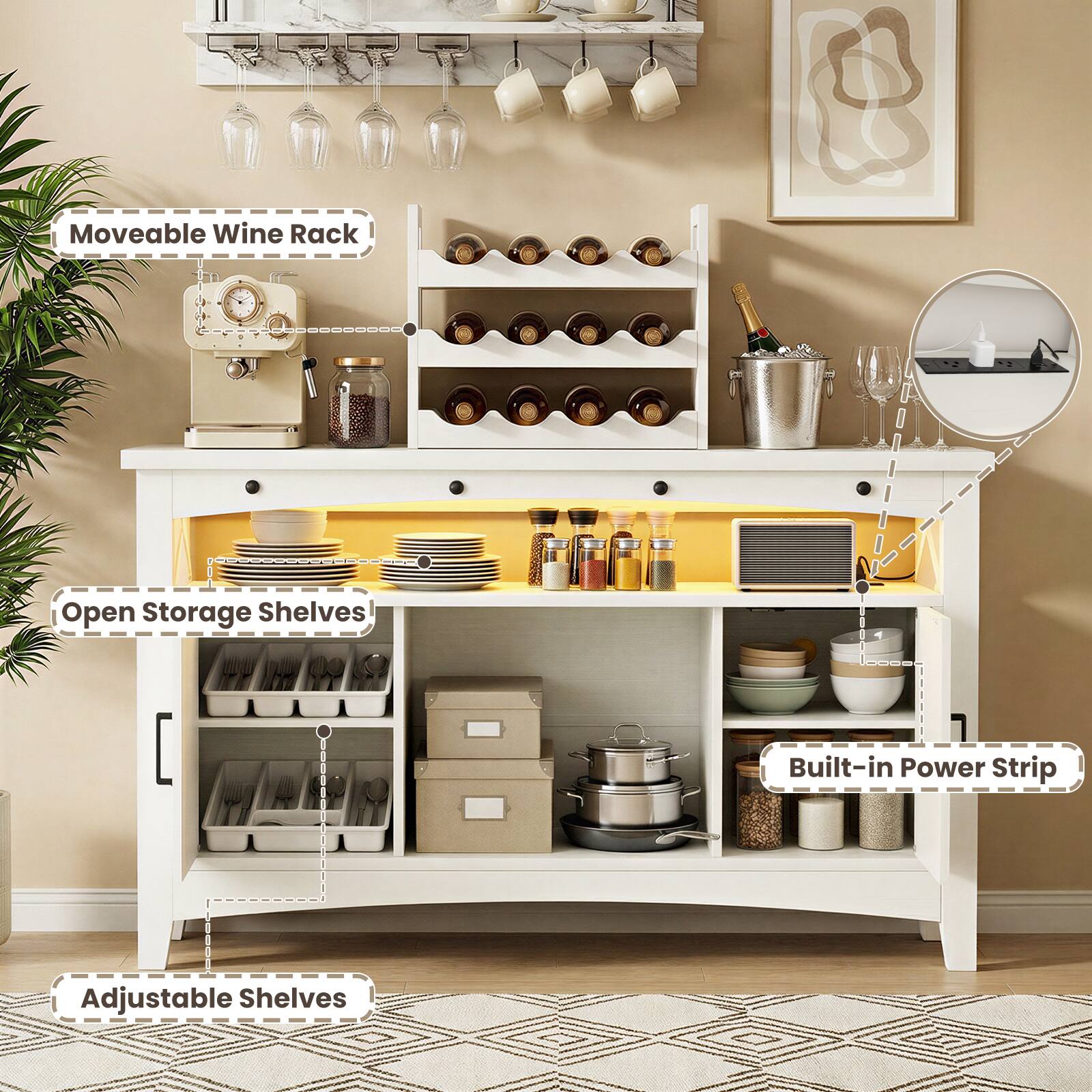 Moveable Wine Rack  
Open Storage Shelves  
Built-in Power Strip  
Adjustable Shelves