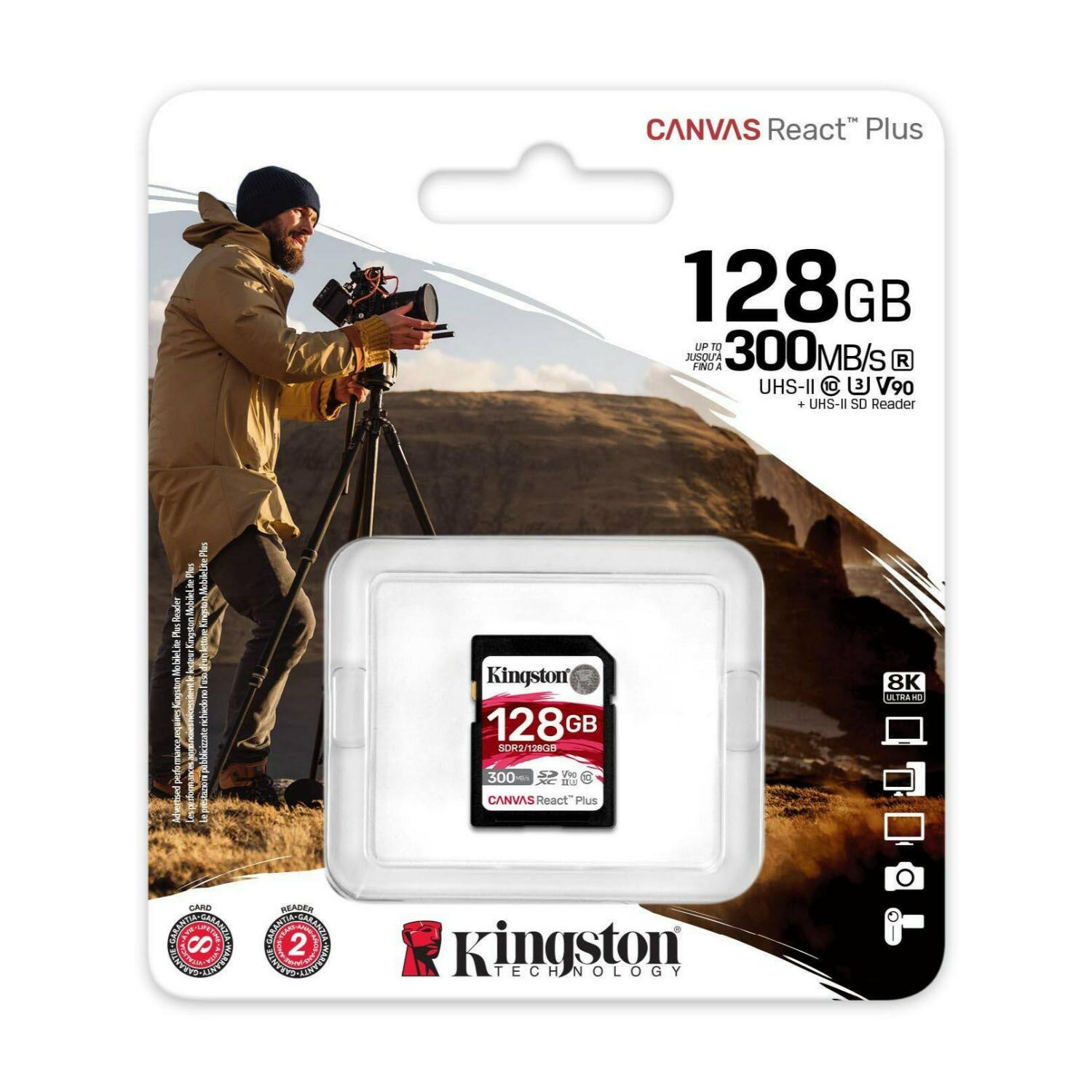 CANVAS React Plus 128GB UHS-II SD Card  
Up to 300MB/s  
UHS-II SD Reader  
Kingston Technology  
128GB  
300MB/s  
CANVAS React Plus  
8K Ready