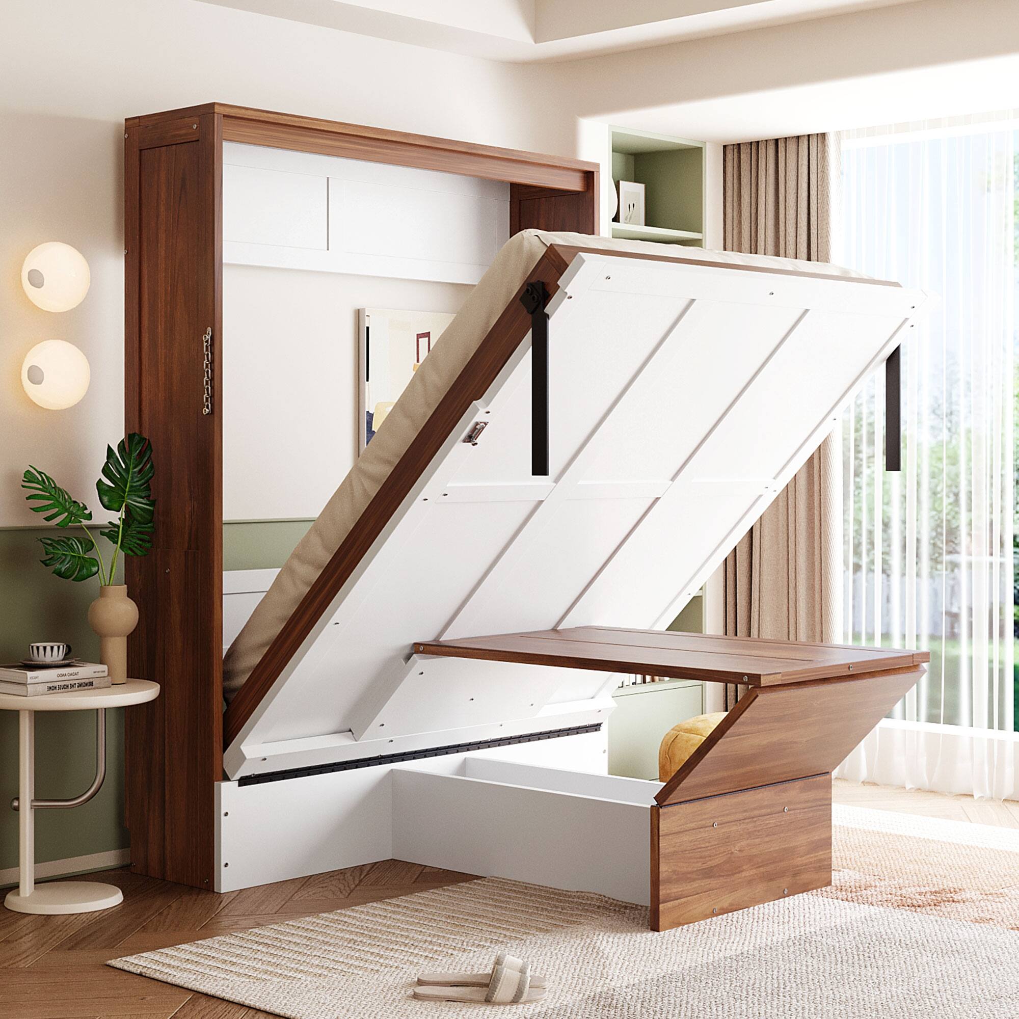 Angle. Anysun - Full Size Murphy Bed with Foldable Desk – Space Saving Wall Bed - White.