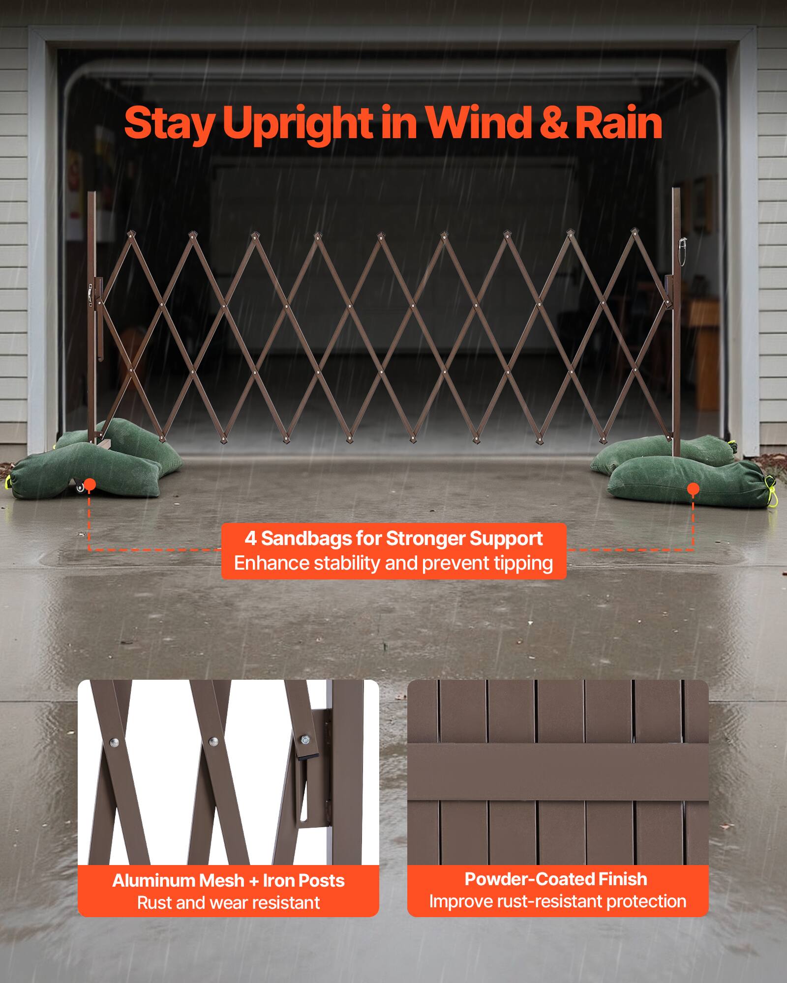 Stay Upright in Wind & Rain

4 Sandbags for Stronger Support  
Enhance stability and prevent tipping

Aluminum Mesh + Iron Posts  
Rust and wear resistant

Powder-Coated Finish  
Improve rust-resistant protection