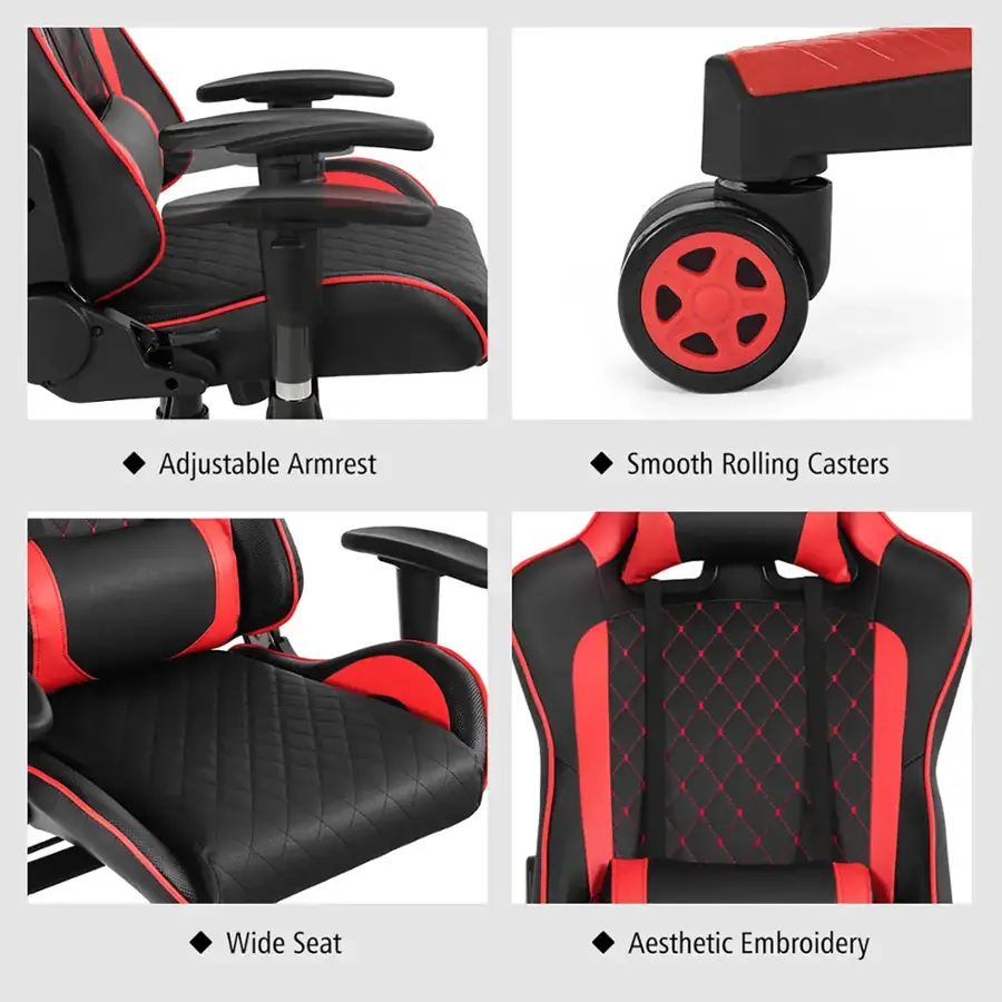 The image shows a collection of four different types of chairs, each with unique features. The first chair has adjustable armrests, the second chair has smooth rolling casters, the third chair has a wide seat, and the fourth chair has aesthetic embroidery.