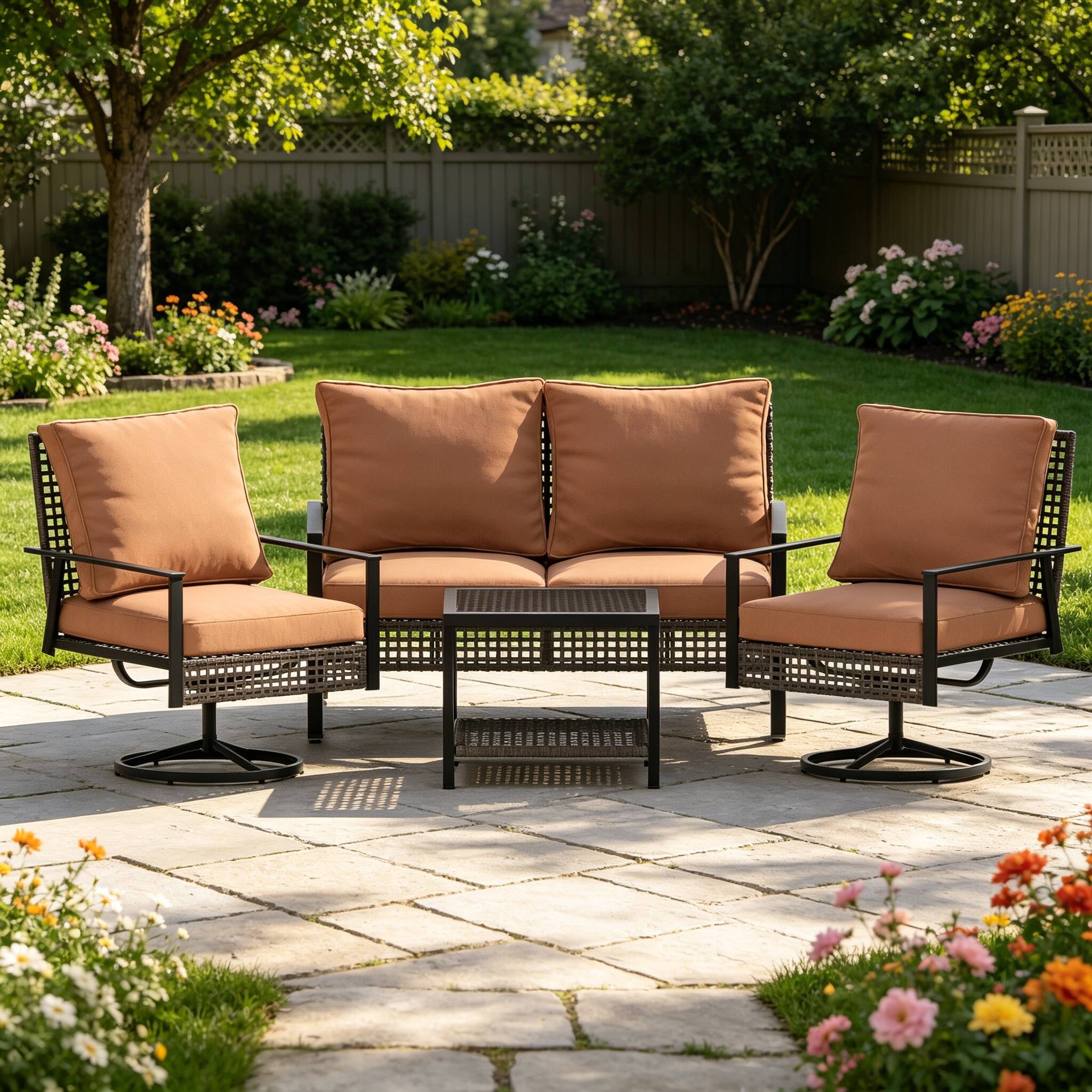 Angle. Ainfox - Ainfox 4PCS Patio Furniture Set,Wicker Rattan Swivel Rocking Chairs Set with Loveseat for Porch, Pool, Backyard - Brown.
