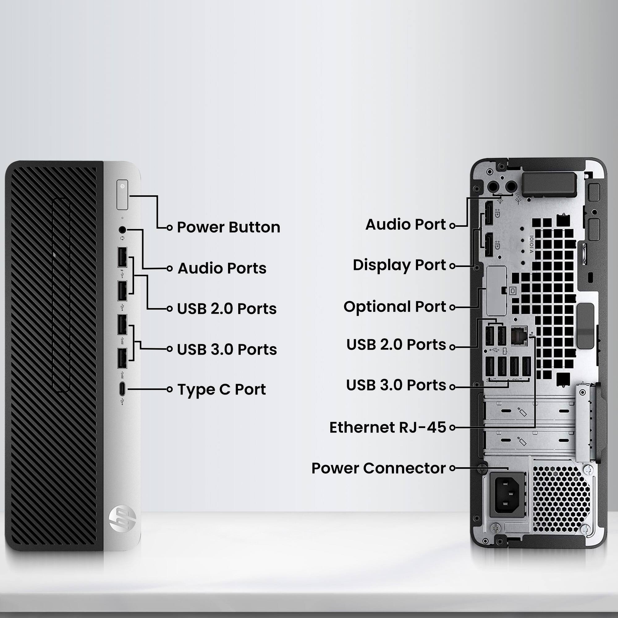- Power Button
- Audio Ports
- USB 2.0 Ports
- USB 3.0 Ports
- Type C Port
- Audio Port
- Display Port
- Optional Port
- USB 2.0 Ports
- USB 3.0 Ports
- Ethernet RJ-45
- Power Connector