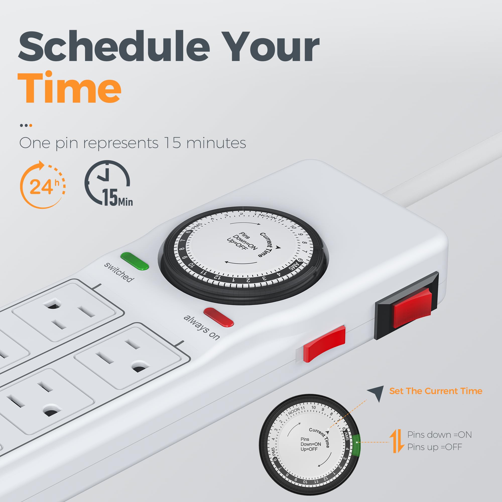 Schedule Your Time

One pin represents 15 minutes

24h 15Min

switched a & 2 S N i 3 t  Pns AS ... USPOFF Time A AMS 1 12 1 2 C always on

Set The Current Time

Pins down = ON
Pins up = OFF