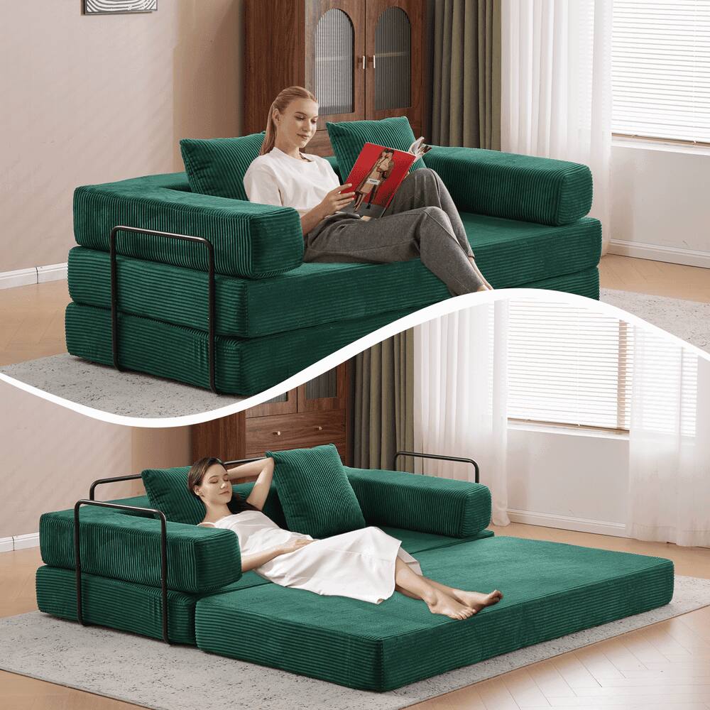 Alt View 4. Kadyn - Floor Couch Bed, Convertible Corduroy Fabric Sofa with Pillow Back Support, Compression Lounge Sleeper, Dark Green - Green.