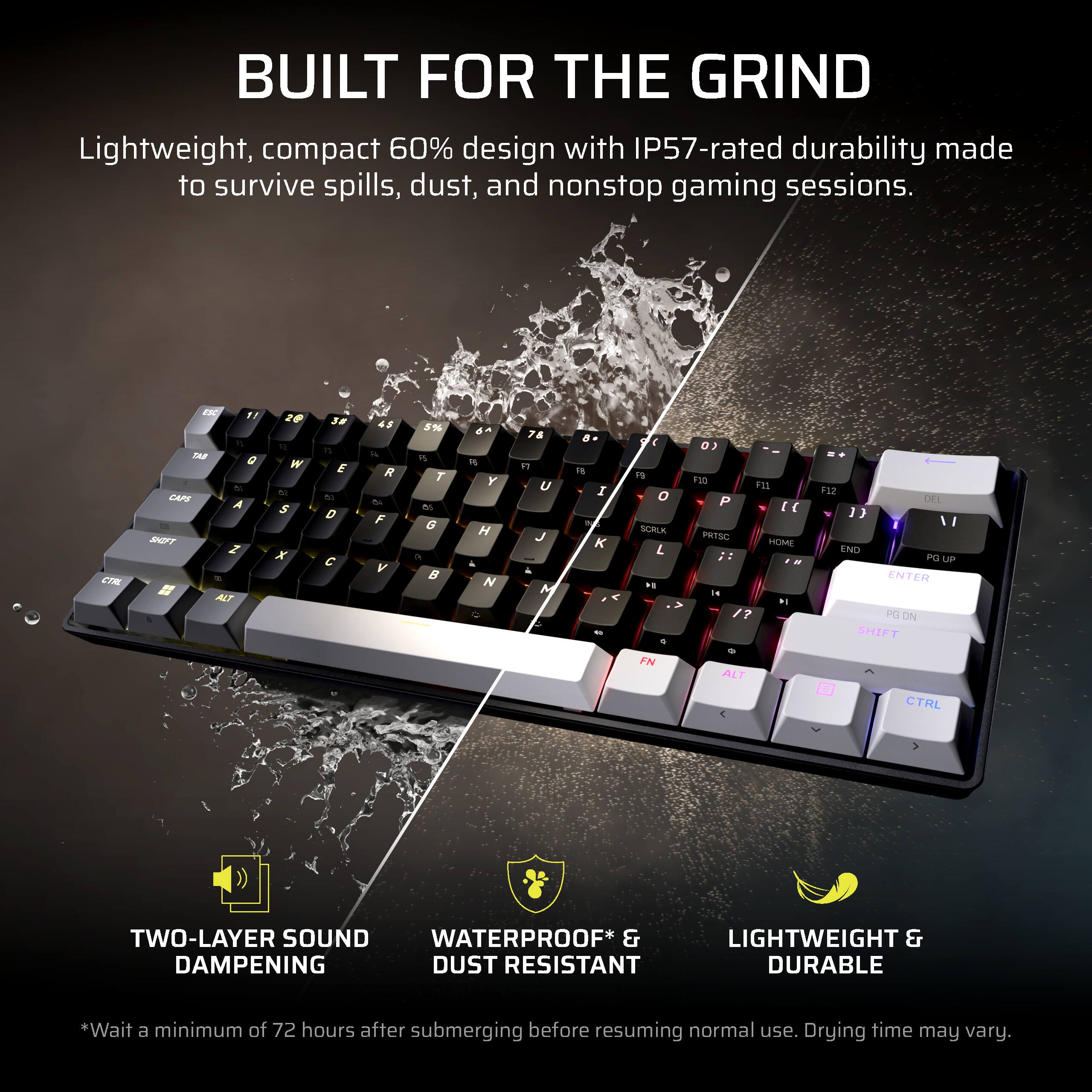 BUILT FOR THE GRIND  
Lightweight, compact 60% design with IP57-rated durability made to survive spills, dust, and nonstop gaming sessions.

CTRL ESC 1 2 3 4 5 6 7 8 9 0 - =  
TAB Q W E R T Y U I O P [ ] \  
CAPS A S D F G H J K L ; '  
SNIFT Z X C V B N M , . /  
ALT

TWO-LAYER SOUND DAMPENING  
WATERPROOF* & DUST RESISTANT  
LIGHTWEIGHT & DURABLE

*Wait a minimum of 72 hours after submerging before resuming normal use. Drying time may vary.