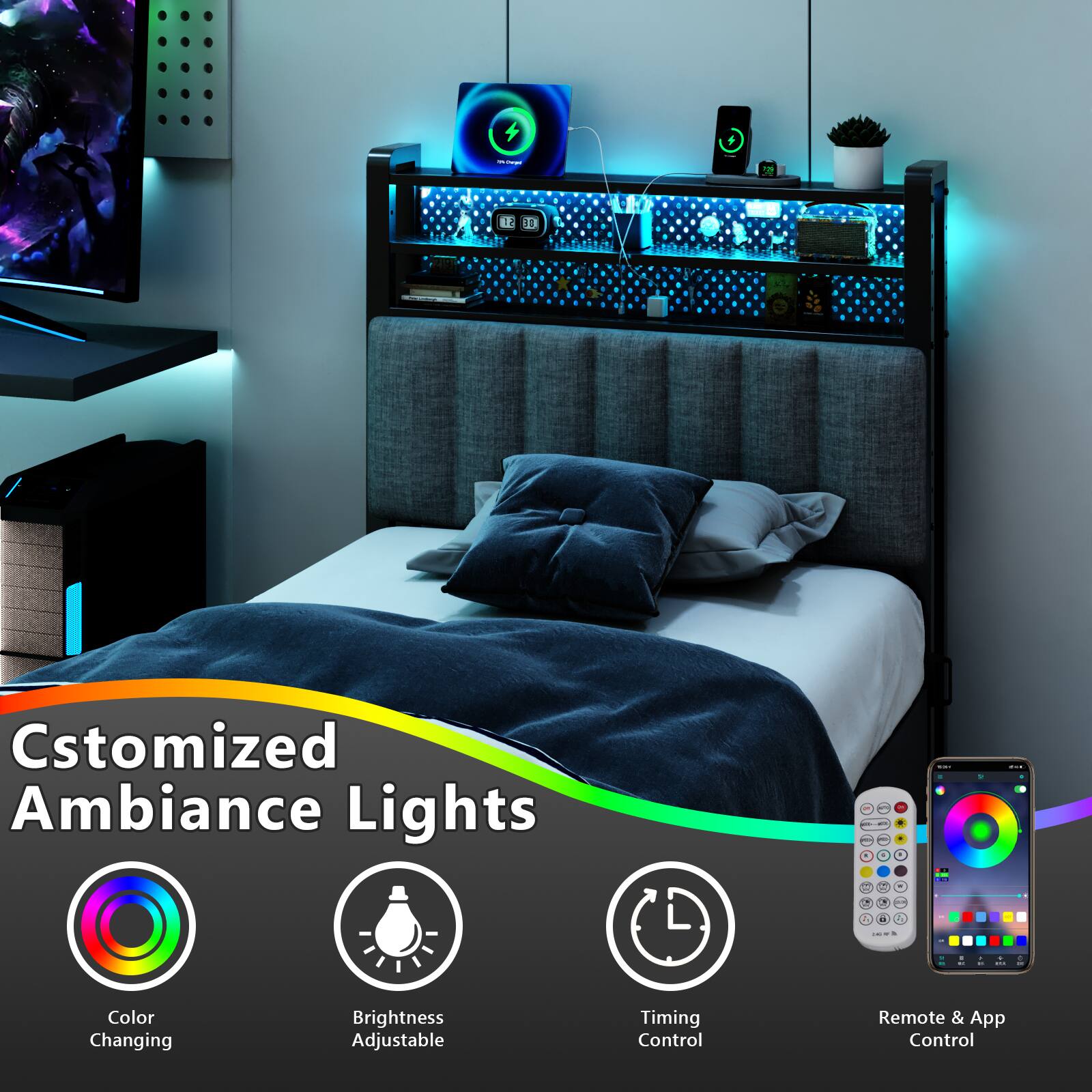 - 14 Customized Ambiance Lights
- Color Changing
- Brightness Adjustable
- Timing Control
- Remote & App Control