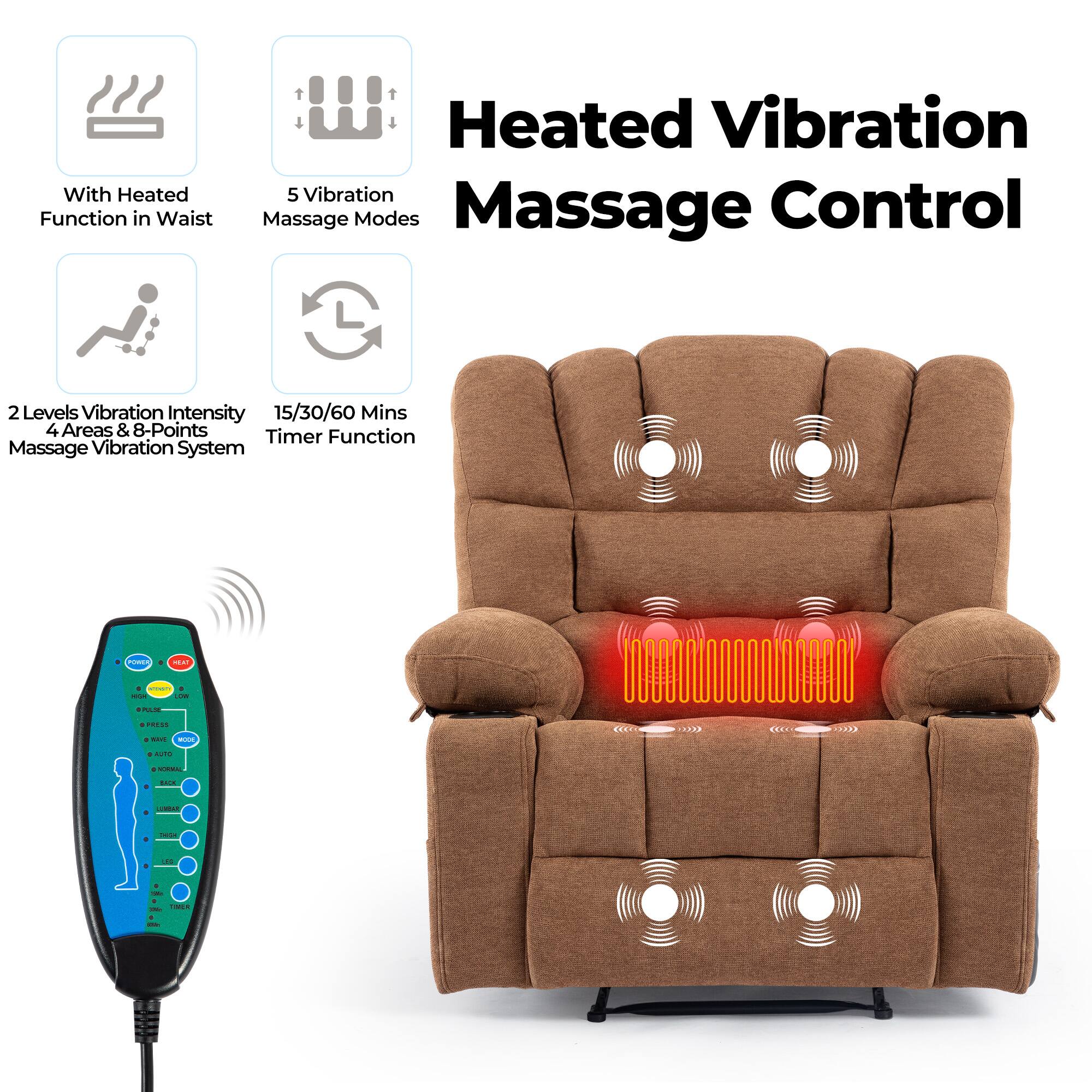 Heated Vibration Massage Control

- With Heated Function in Waist
- 5 Vibration Massage Modes
- 2 Levels Vibration Intensity
- 4 Areas & 8-Points Massage Vibration System
- 15/30/60 Mins Timer Function