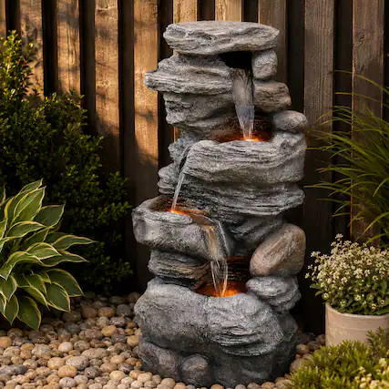Front. Teamson Home - Teamson Home 39.37" Outdoor Faux Stone 4-Tier Water Fountain with LED, Gray.