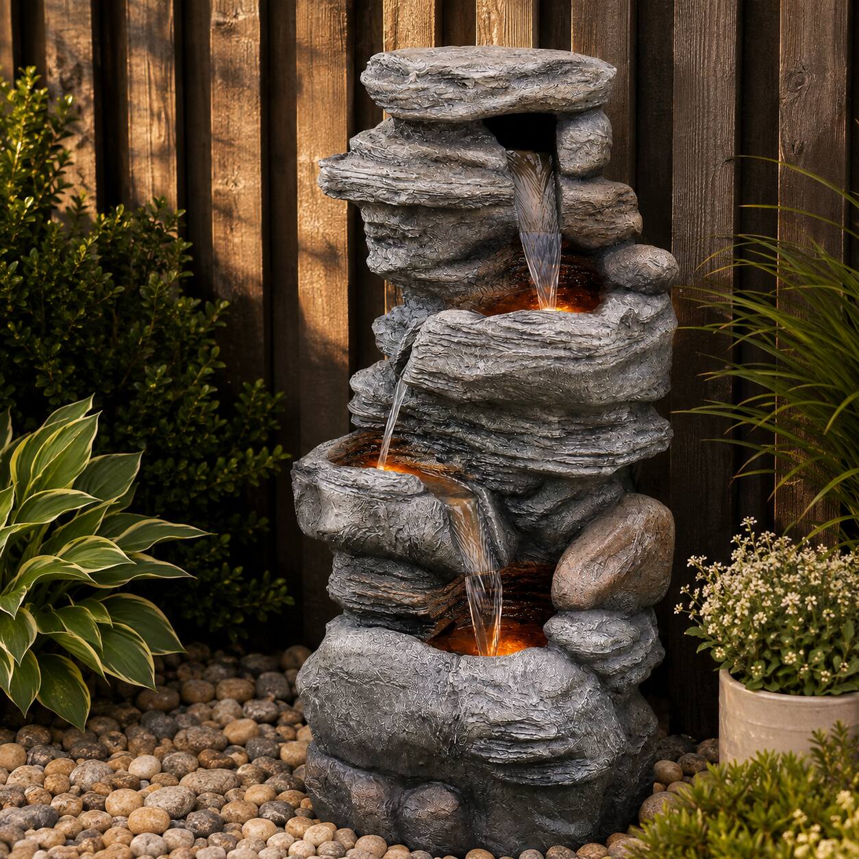Front. Teamson Home - Teamson Home 39.37" Outdoor Faux Stone 4-Tier Water Fountain with LED, Gray.