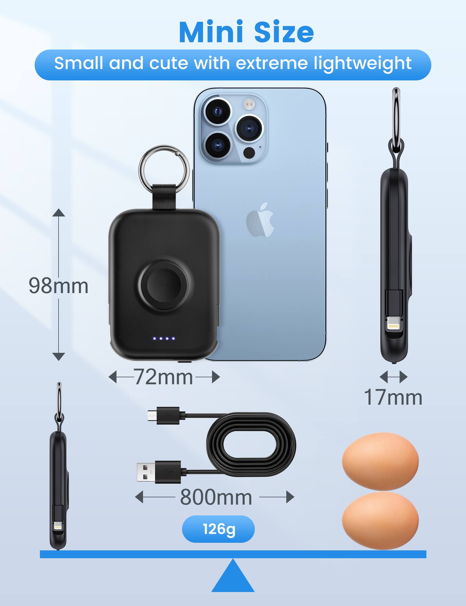 Mini Size  
Small and cute with extreme lightweight  
98mm  
72mm  
17mm  
800mm  
126g