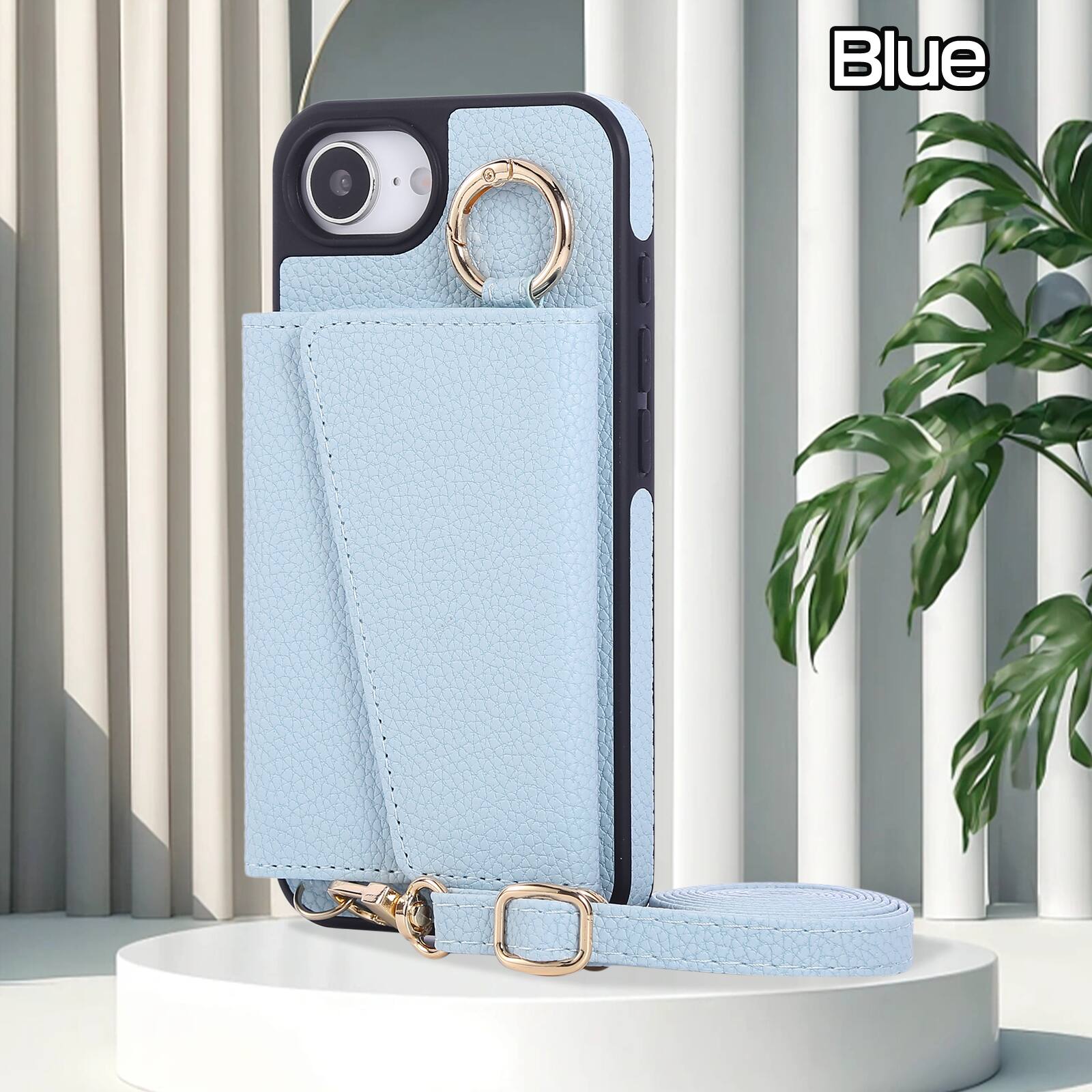 Alt View 2. Dteck - Crossbody Wallet Case for Apple iPhone 17e / 16e,with Makeup Mirror and Card Holder,Premium Faux Leather Texture Cover - Blue.
