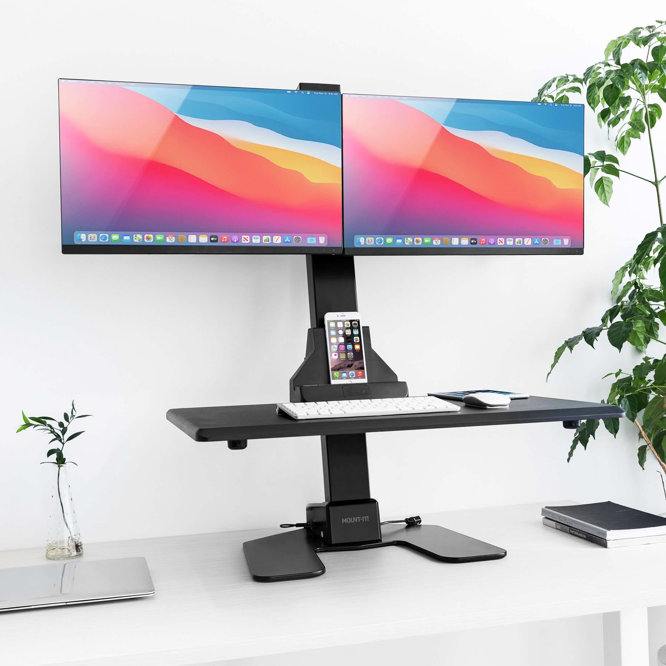 Angle. Mount-It! - Electric Sit-Stand Desk Converter with Dual Monitor Mount & Full Motion Adjustability for Ergonomic Workstations, Black - Black.