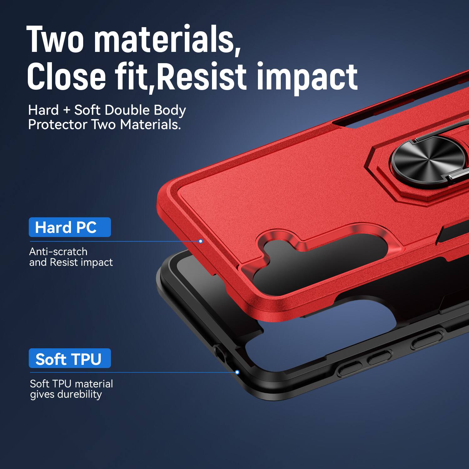 Two materials, Close fit, Resist impact  
Hard + Soft Double Body Protector Two Materials.  
Hard PC  
Anti-scratch and Resist impact  
Soft TPU  
Soft TPU material gives durability